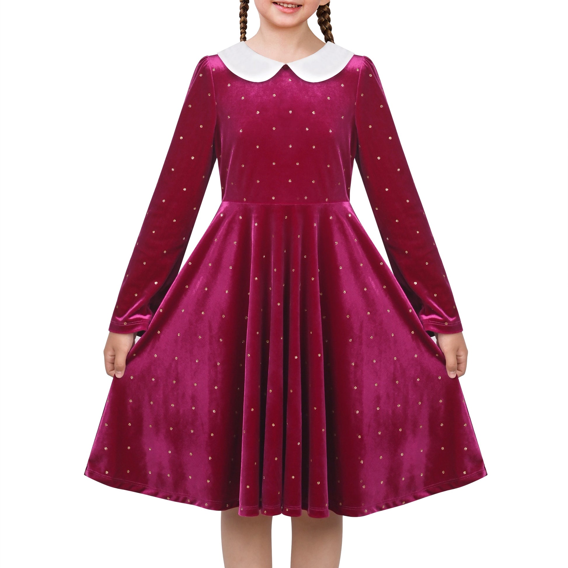 Girls Dress Pink Sequin Butterfly Vintage Long Sleeve Casual Warm Winter Red