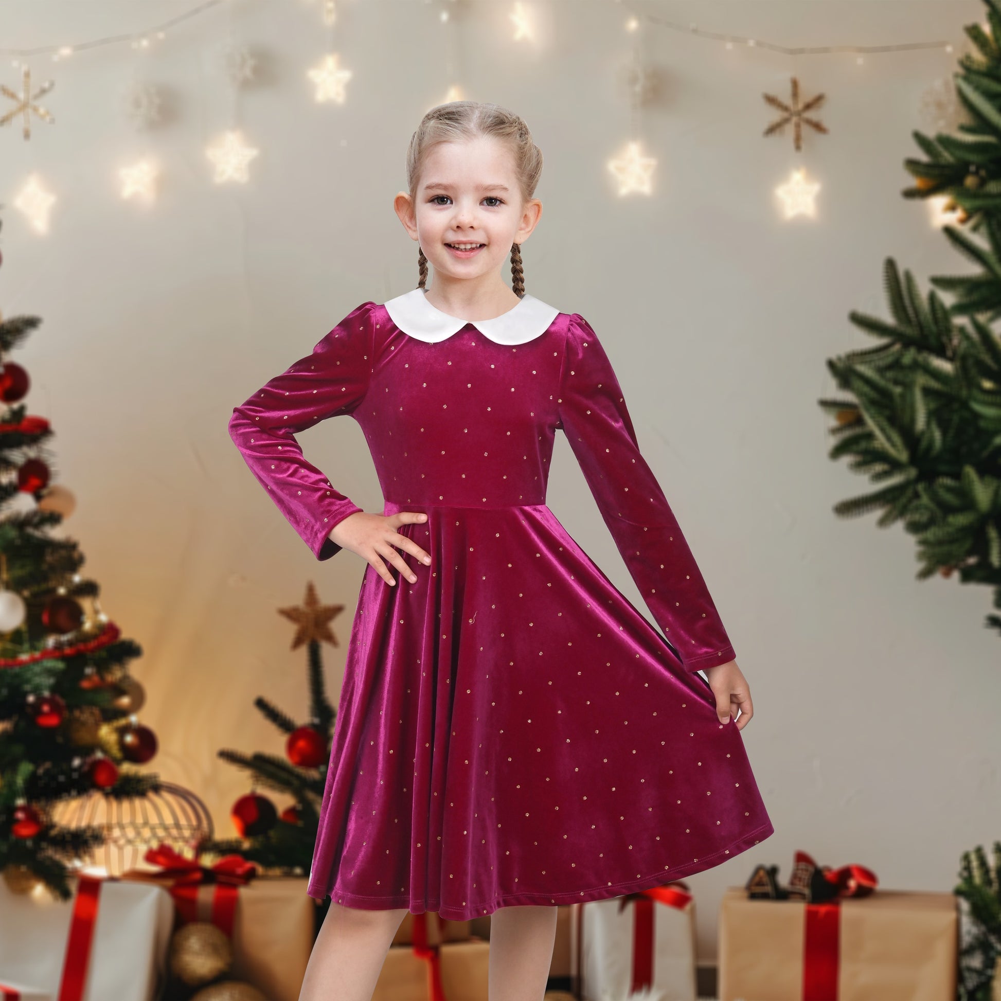 Girls Dress Pink Sequin Butterfly Vintage Long Sleeve Casual Warm Winter Red