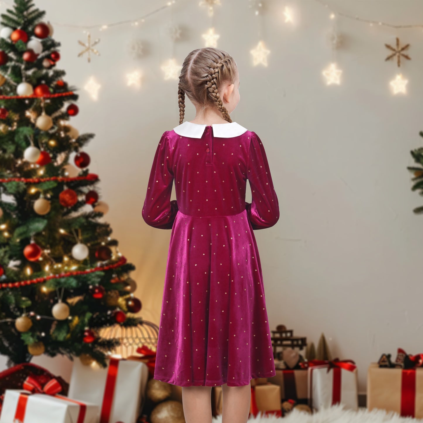 Girls Dress Pink Sequin Butterfly Vintage Long Sleeve Casual Warm Winter Red