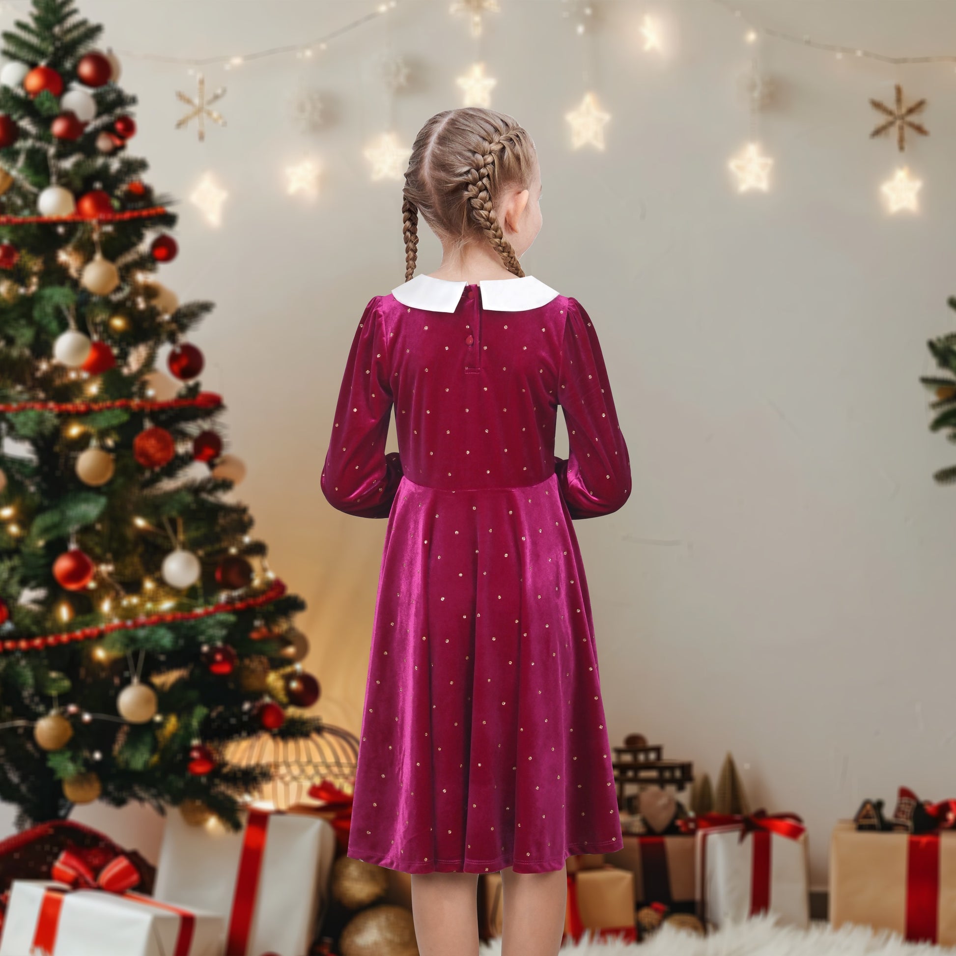 Girls Dress Pink Sequin Butterfly Vintage Long Sleeve Casual Warm Winter Red