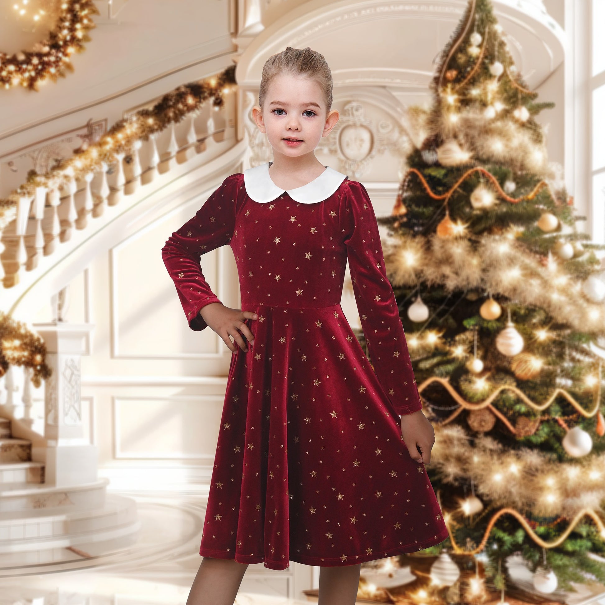 Girls Dress Pink Sequin Butterfly Vintage Long Sleeve Casual Warm Winter Red