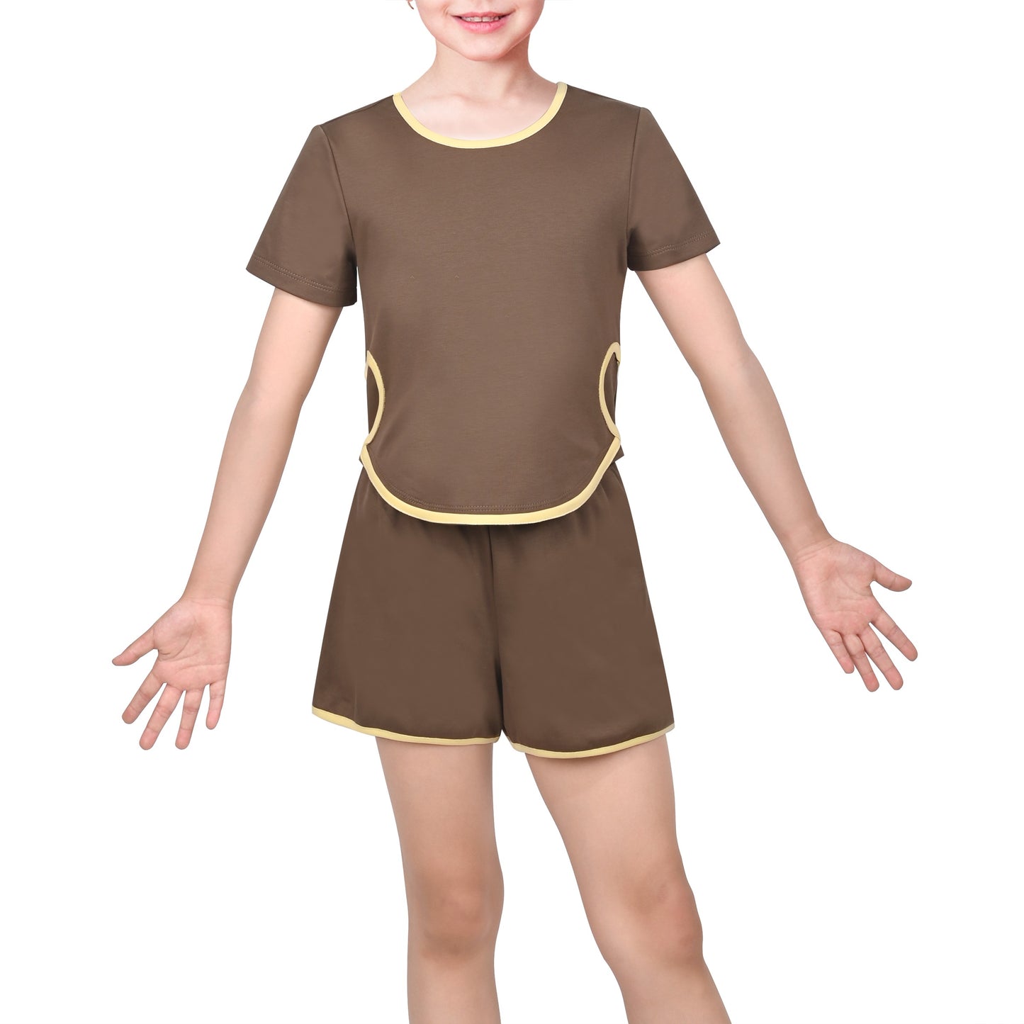 Girls Tee Sport Clothing Outfit Set Glitter Heart s Short Sleeve Brown