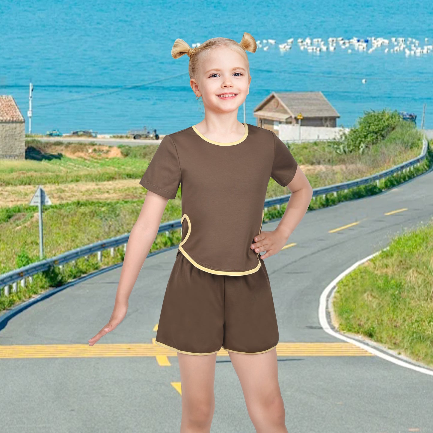Girls Tee Sport Clothing Outfit Set Glitter Heart s Short Sleeve Brown