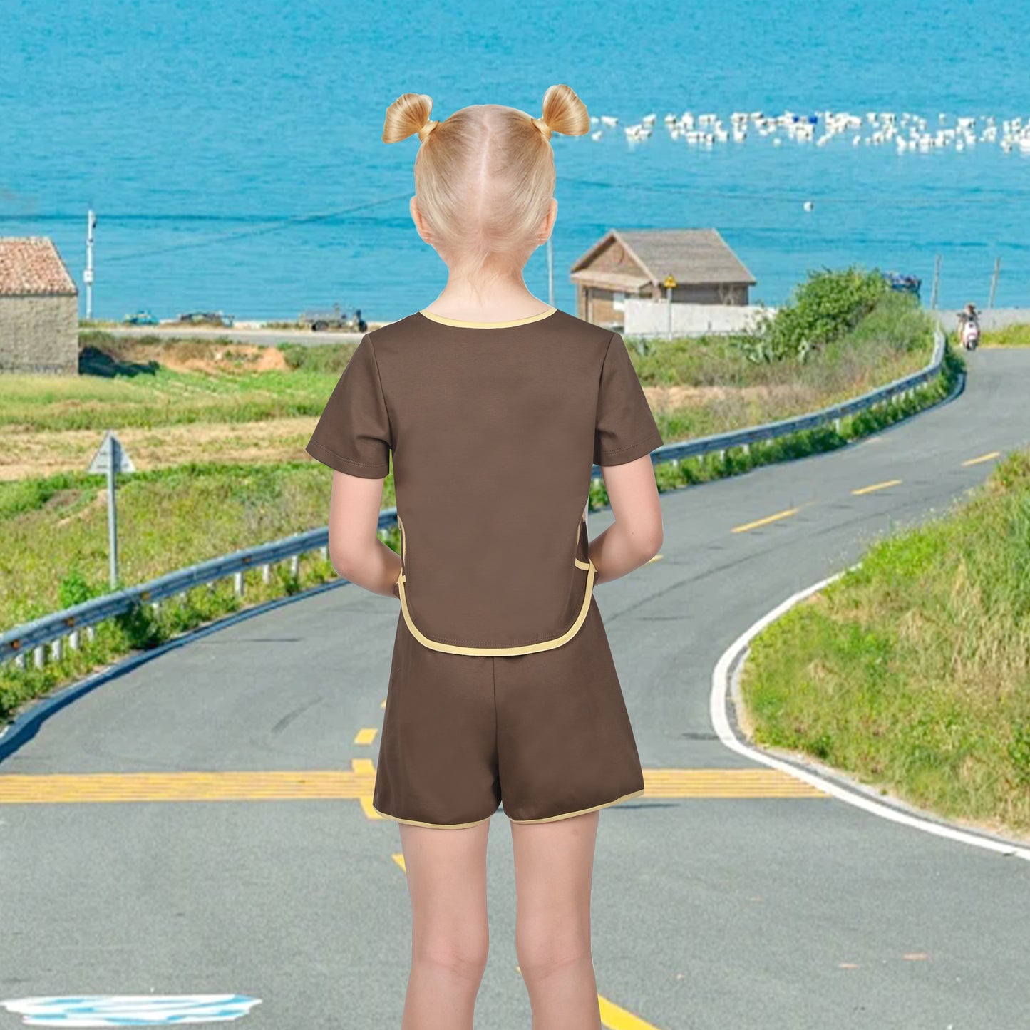 Girls Tee Sport Clothing Outfit Set Glitter Heart s Short Sleeve Brown