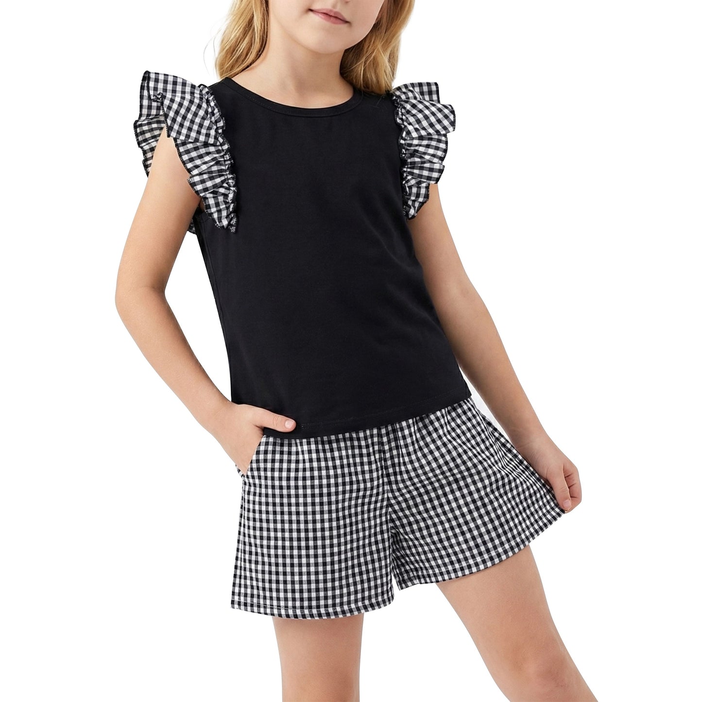 Girls 2 Pcs Shorts Set White Eyelet Puff Peplum Khaki Cool Summer Casual Black
