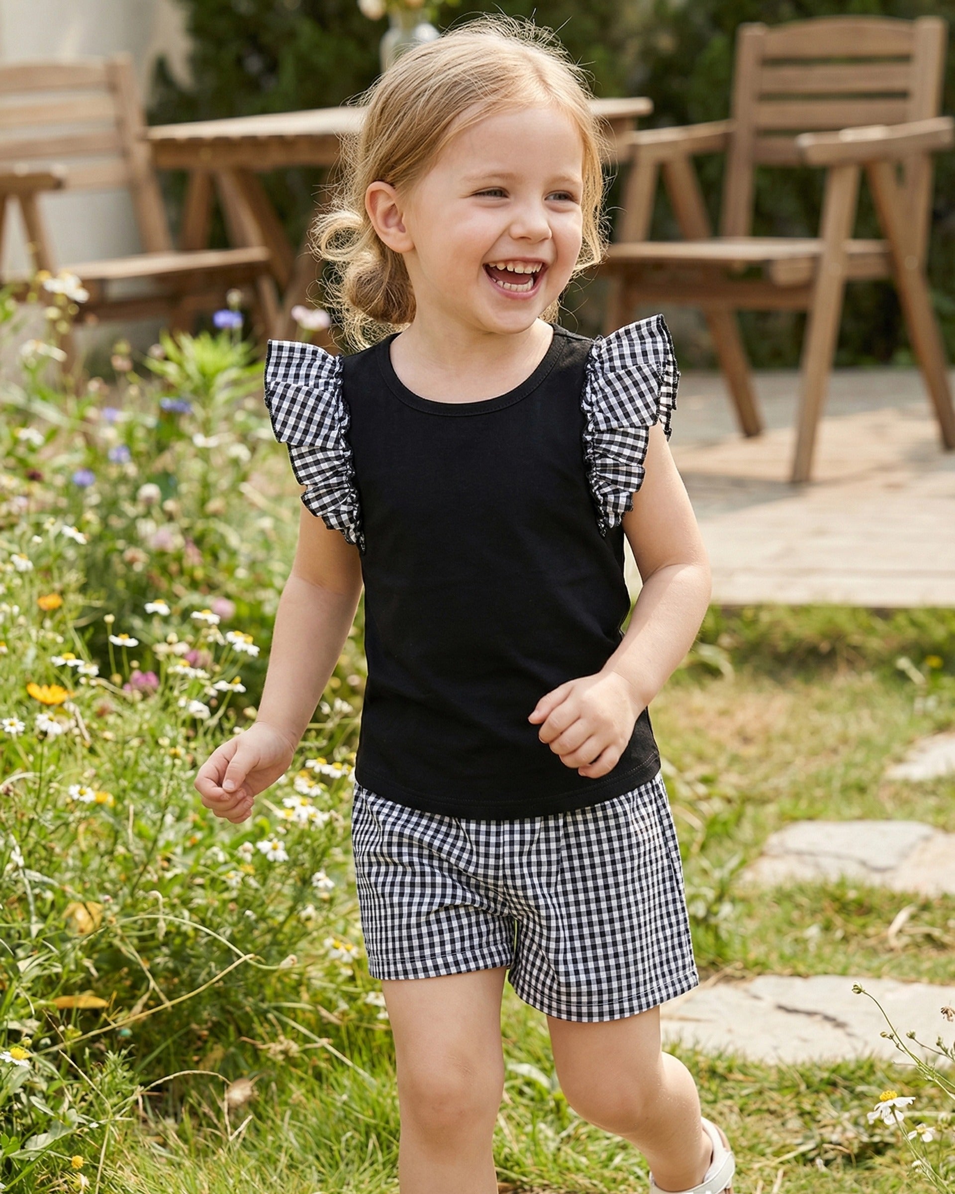 Girls 2 Pcs Shorts Set White Eyelet Puff Peplum Khaki Cool Summer Casual Black