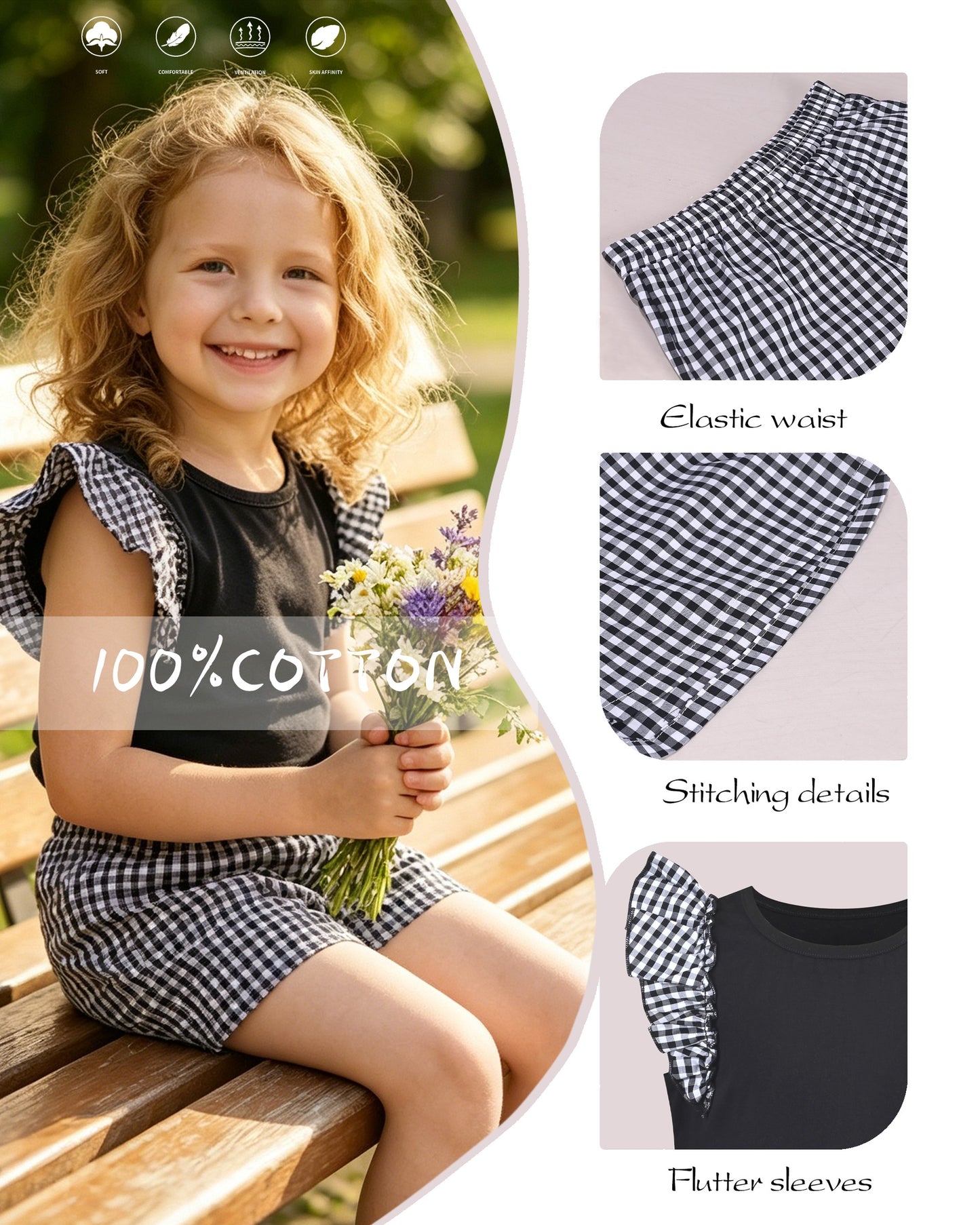 Girls 2 Pcs Shorts Set White Eyelet Puff Peplum Khaki Cool Summer Casual Black