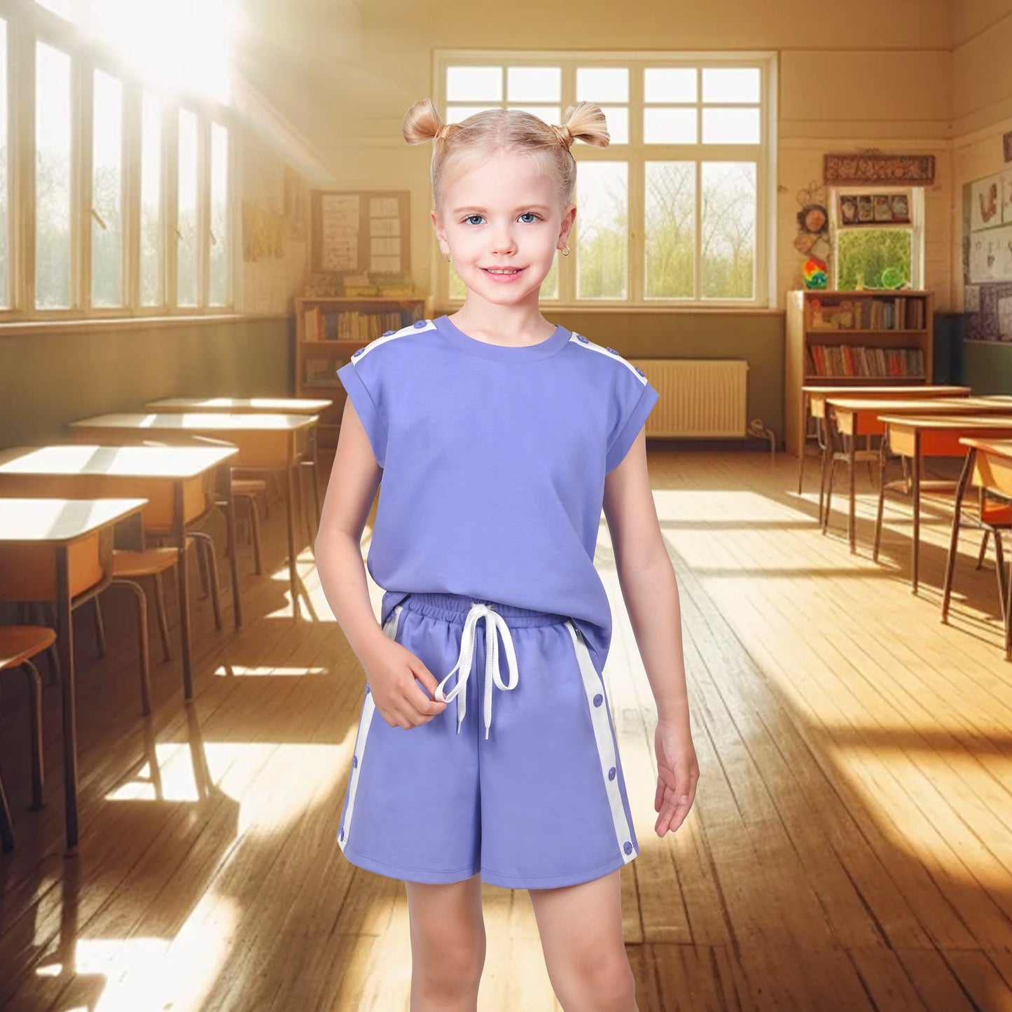 Girls Tee Sport Clothing Outfit Set Glitter Heart s Short Sleeve Blue