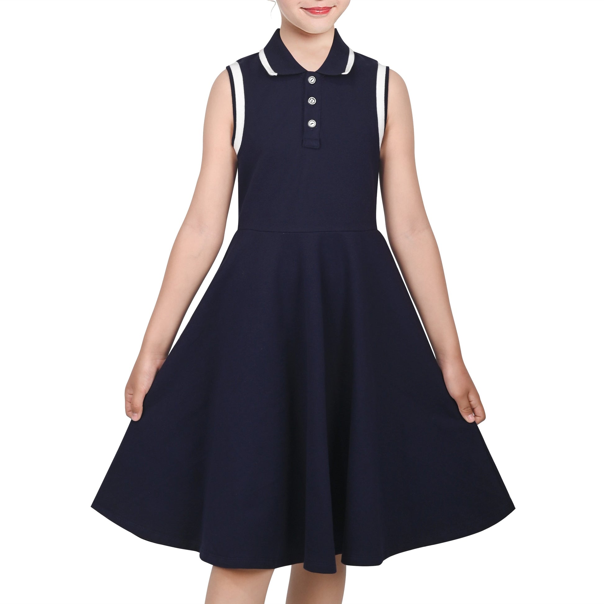 Girls Dress Knit Polo Collar Student Classic Casual Back to School Everyday Blue