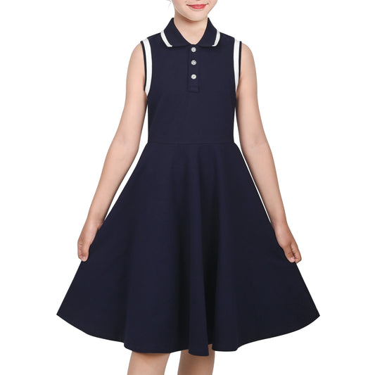 Girls Dress Knit Polo Collar Student Classic Casual Back to School Everyday Blue