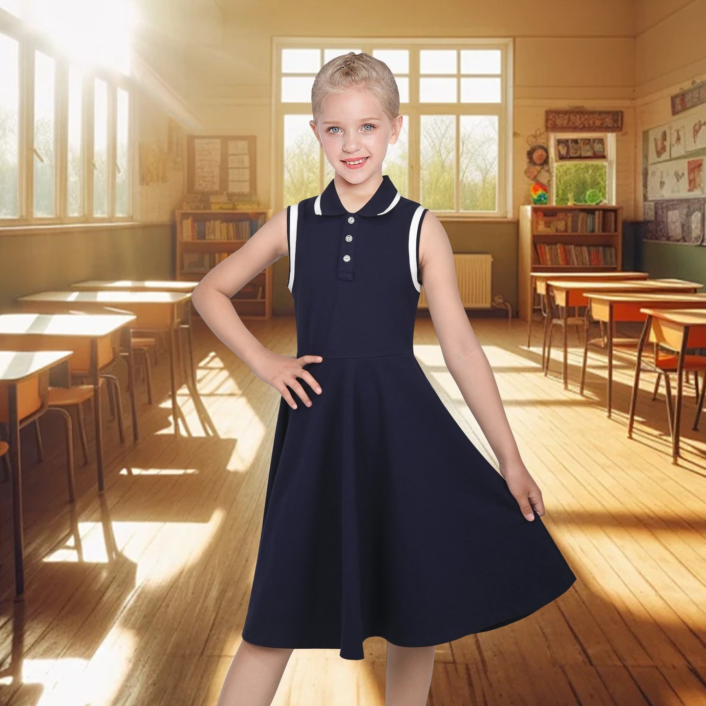 Girls Dress Knit Polo Collar Student Classic Casual Back to School Everyday Blue