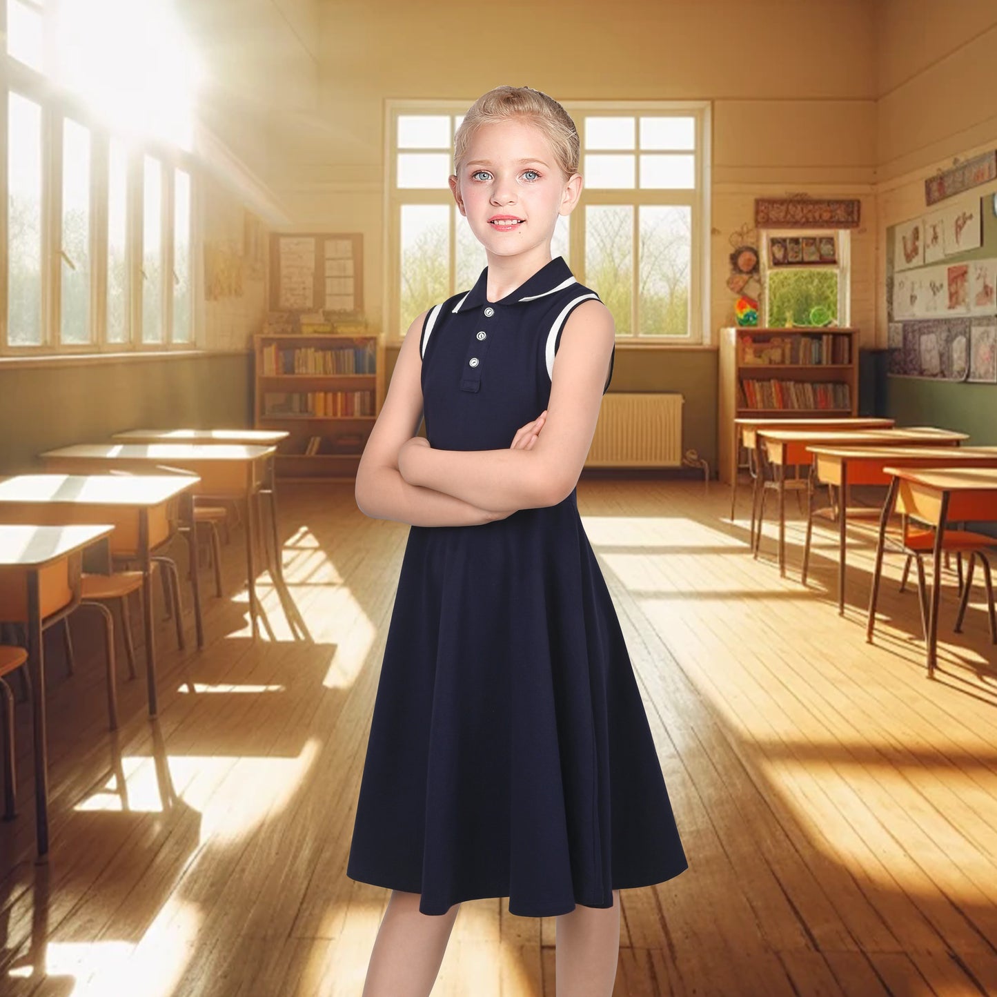 Girls Dress Knit Polo Collar Student Classic Casual Back to School Everyday Blue