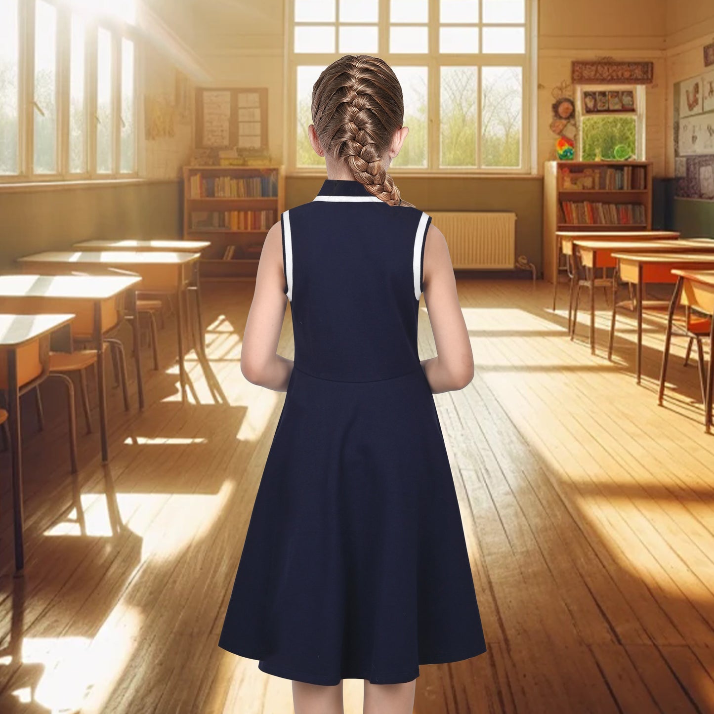 Girls Dress Knit Polo Collar Student Classic Casual Back to School Everyday Blue