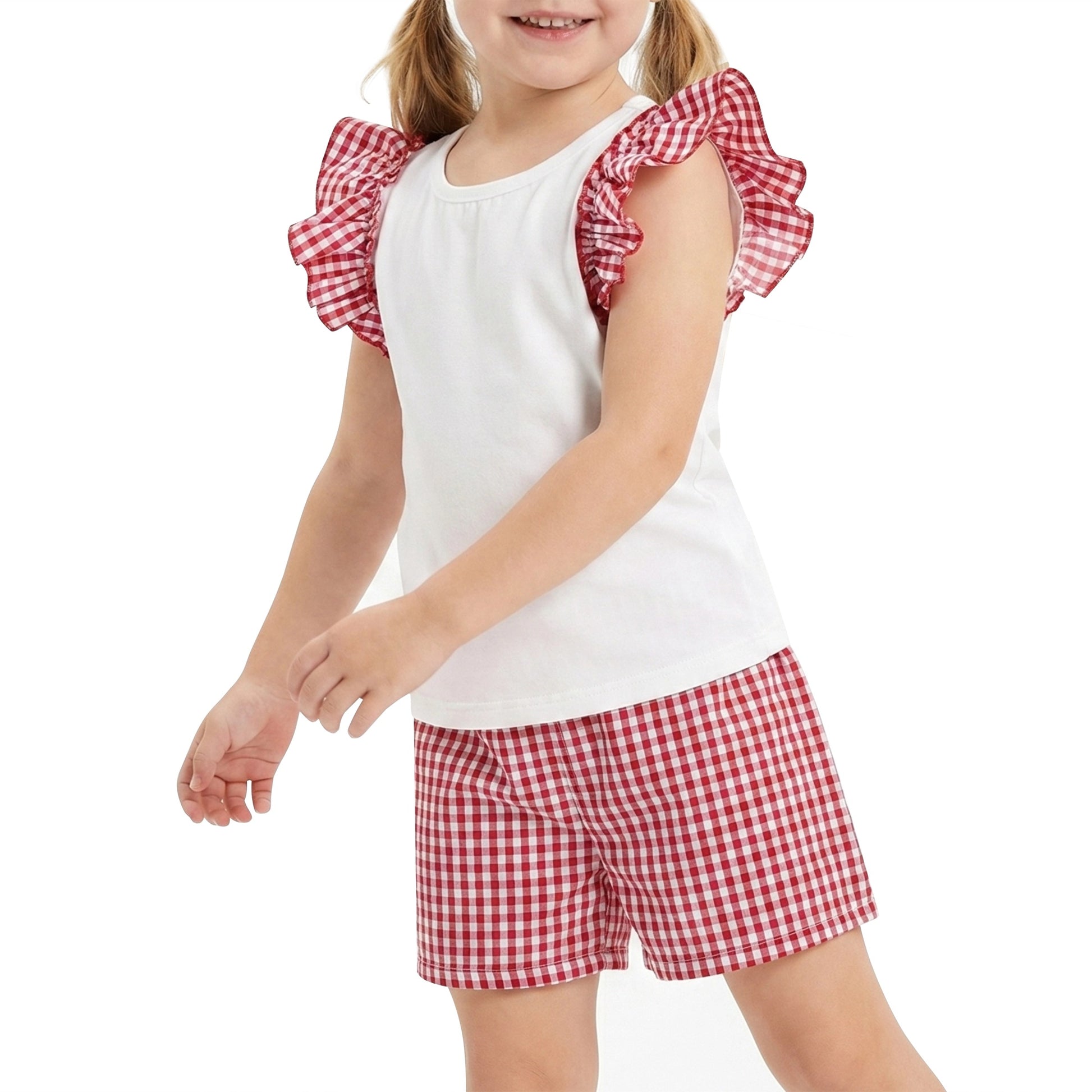 Girls 2 Pcs Shorts Set White Eyelet Puff Peplum Khaki Cool Summer Casual Red