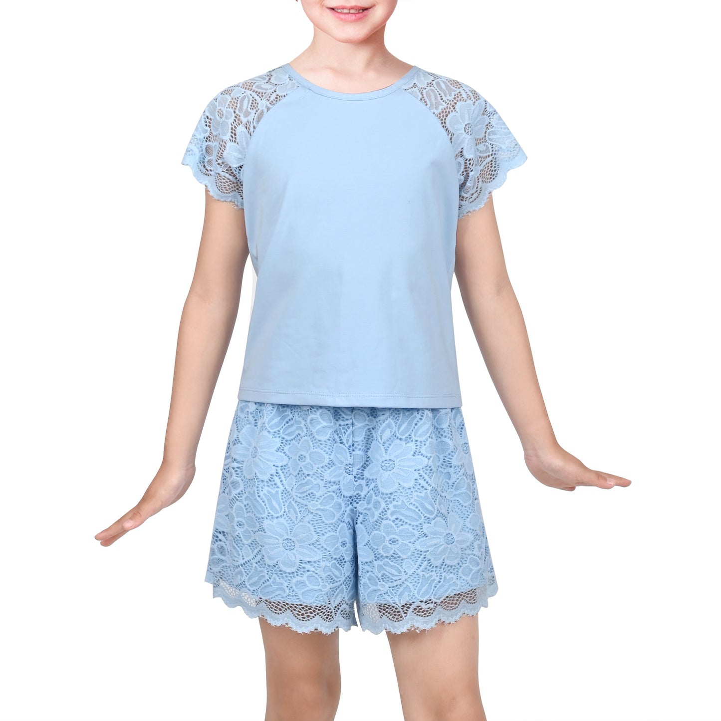 Girls Tee Sport Clothing Outfit Set Glitter Heart s Short Sleeve Blue