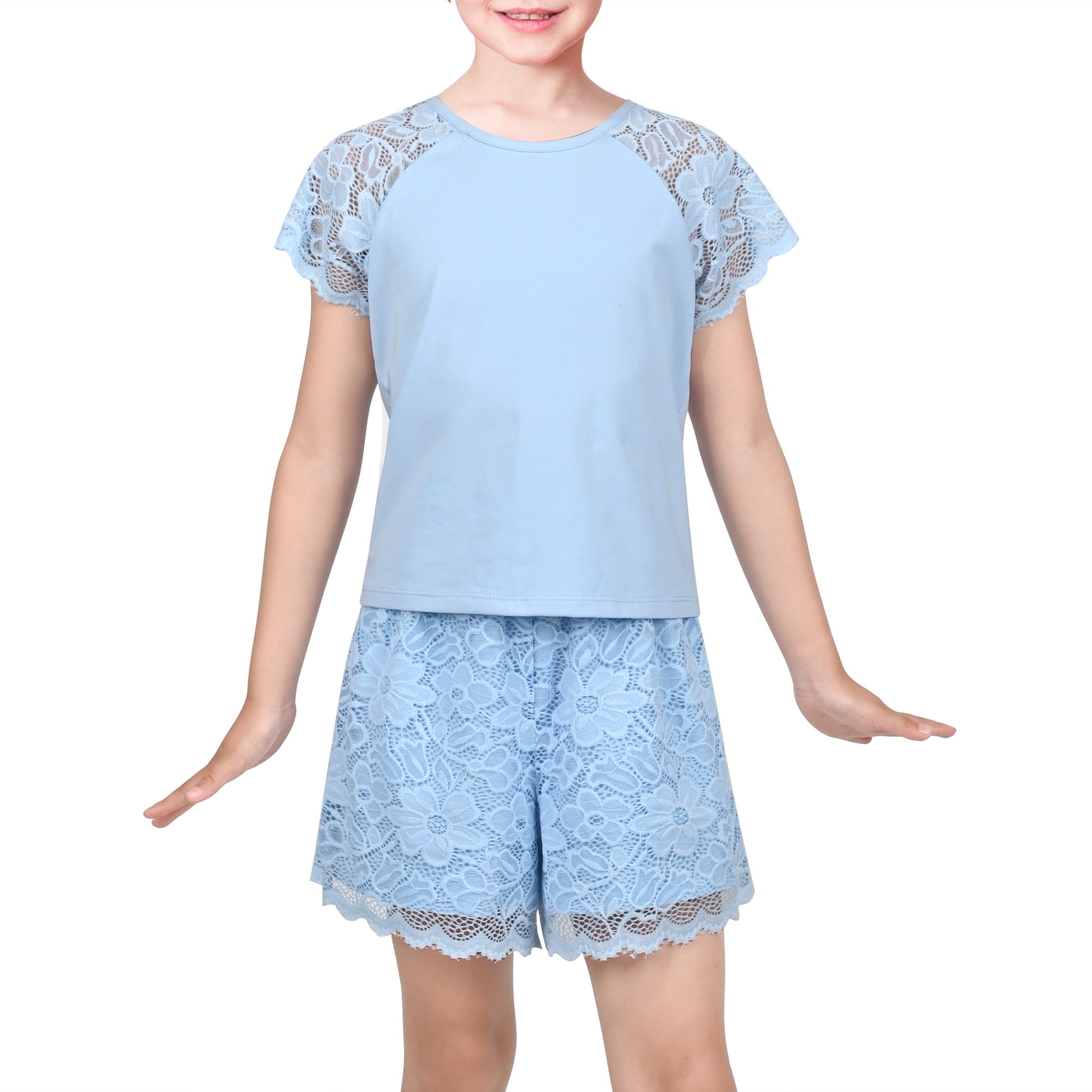 Girls Tee Sport Clothing Outfit Set Glitter Heart s Short Sleeve Blue