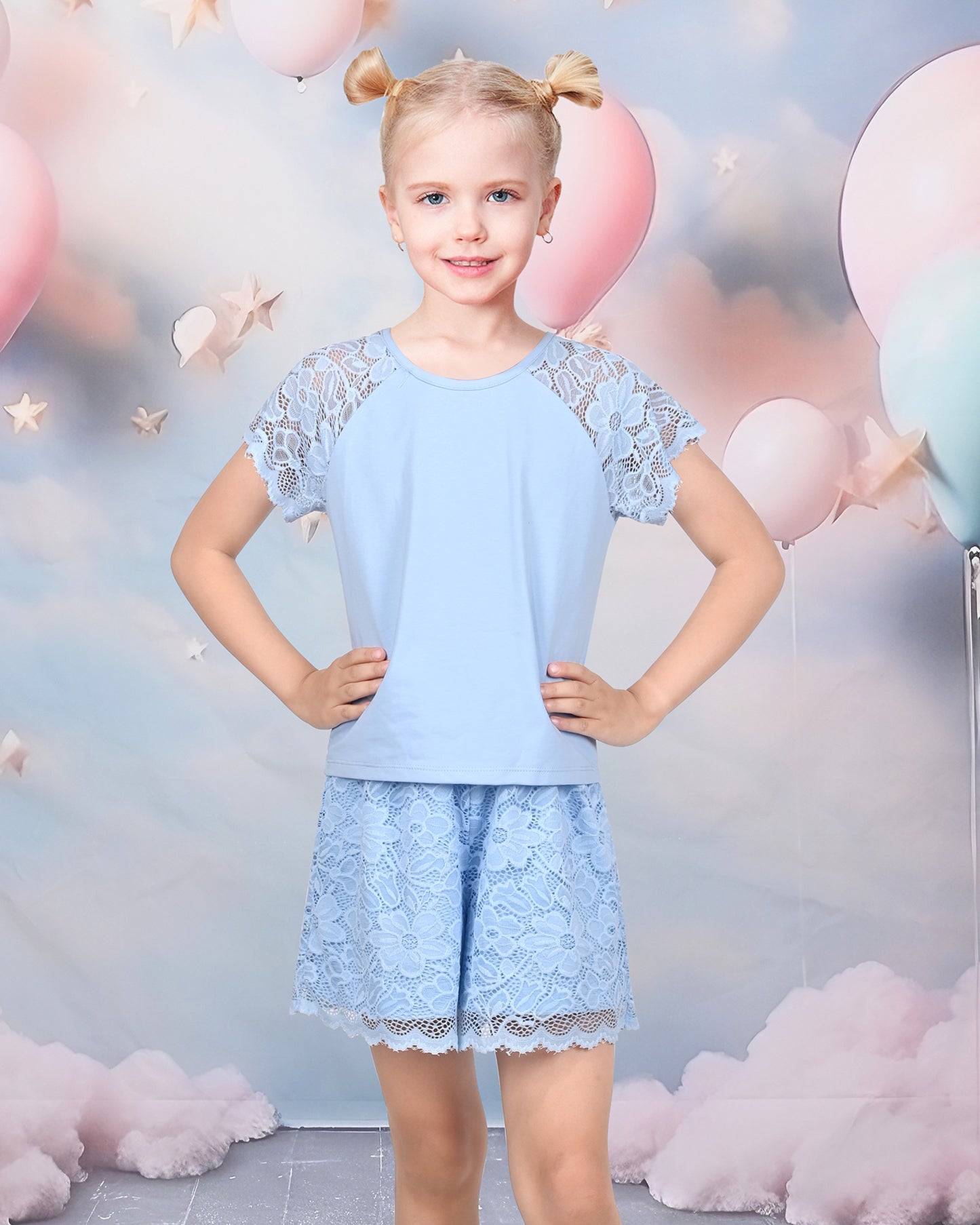 Girls Tee Sport Clothing Outfit Set Glitter Heart s Short Sleeve Blue
