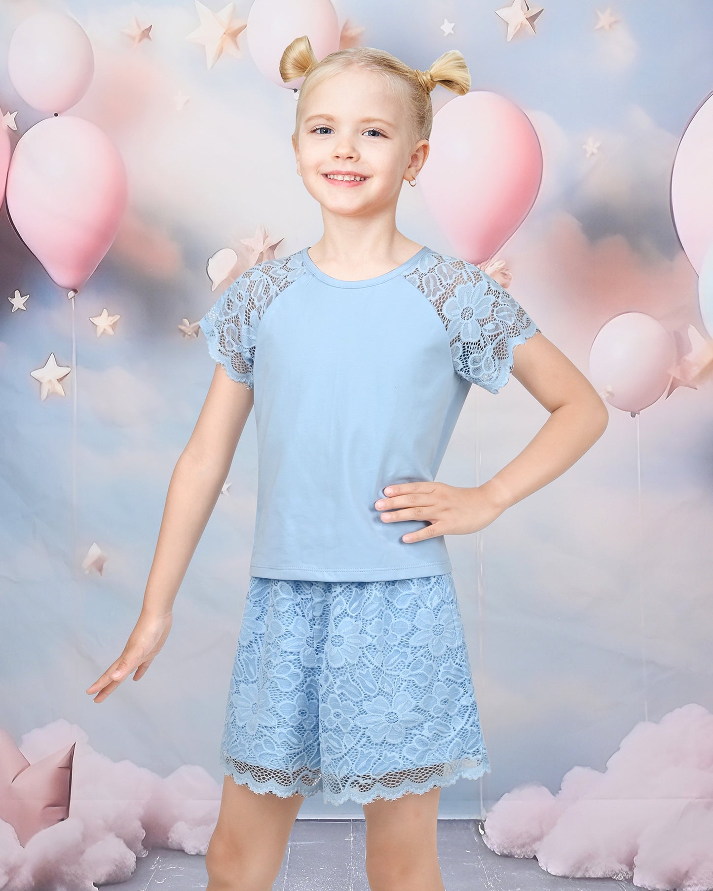 Girls Tee Sport Clothing Outfit Set Glitter Heart s Short Sleeve Blue