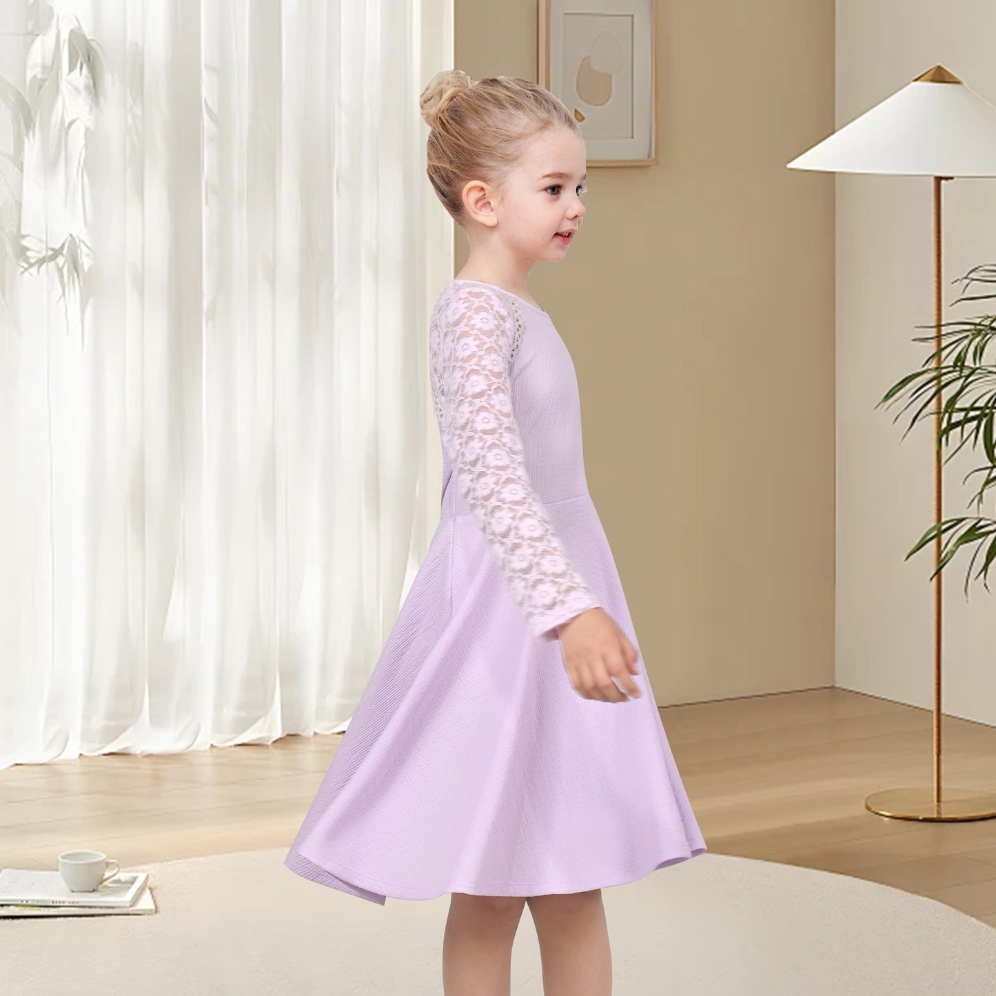 Girls Dress Red Lace Floral Hollow Back Formal Evening Long Sleeve Purple