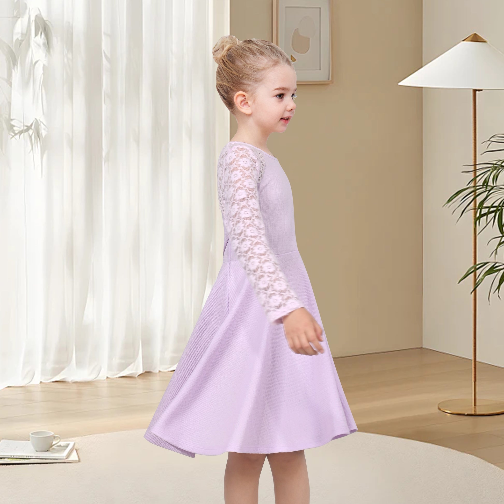 Girls Dress Red Lace Floral Hollow Back Formal Evening Long Sleeve Purple