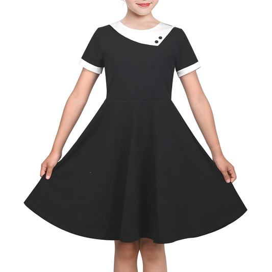 Girls Dress Tan Beige Asymmetric Collar Knit Preppy School Family Short Sleeve Black
