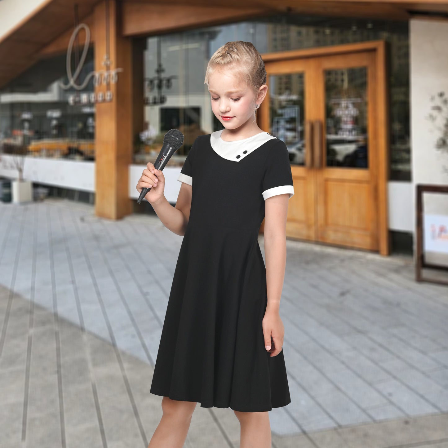 Girls Dress Tan Beige Asymmetric Collar Knit Preppy School Family Short Sleeve Black