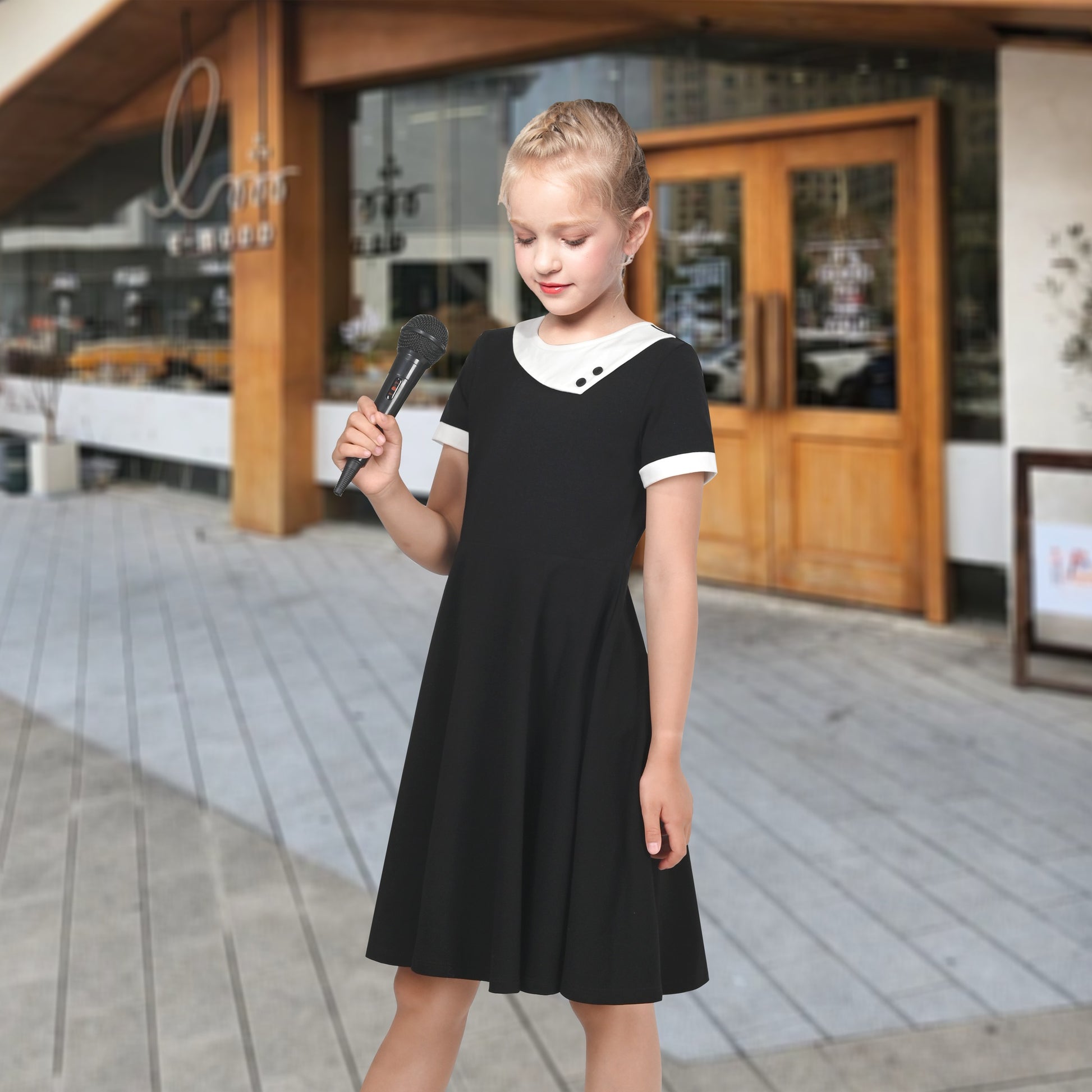 Girls Dress Tan Beige Asymmetric Collar Knit Preppy School Family Short Sleeve Black