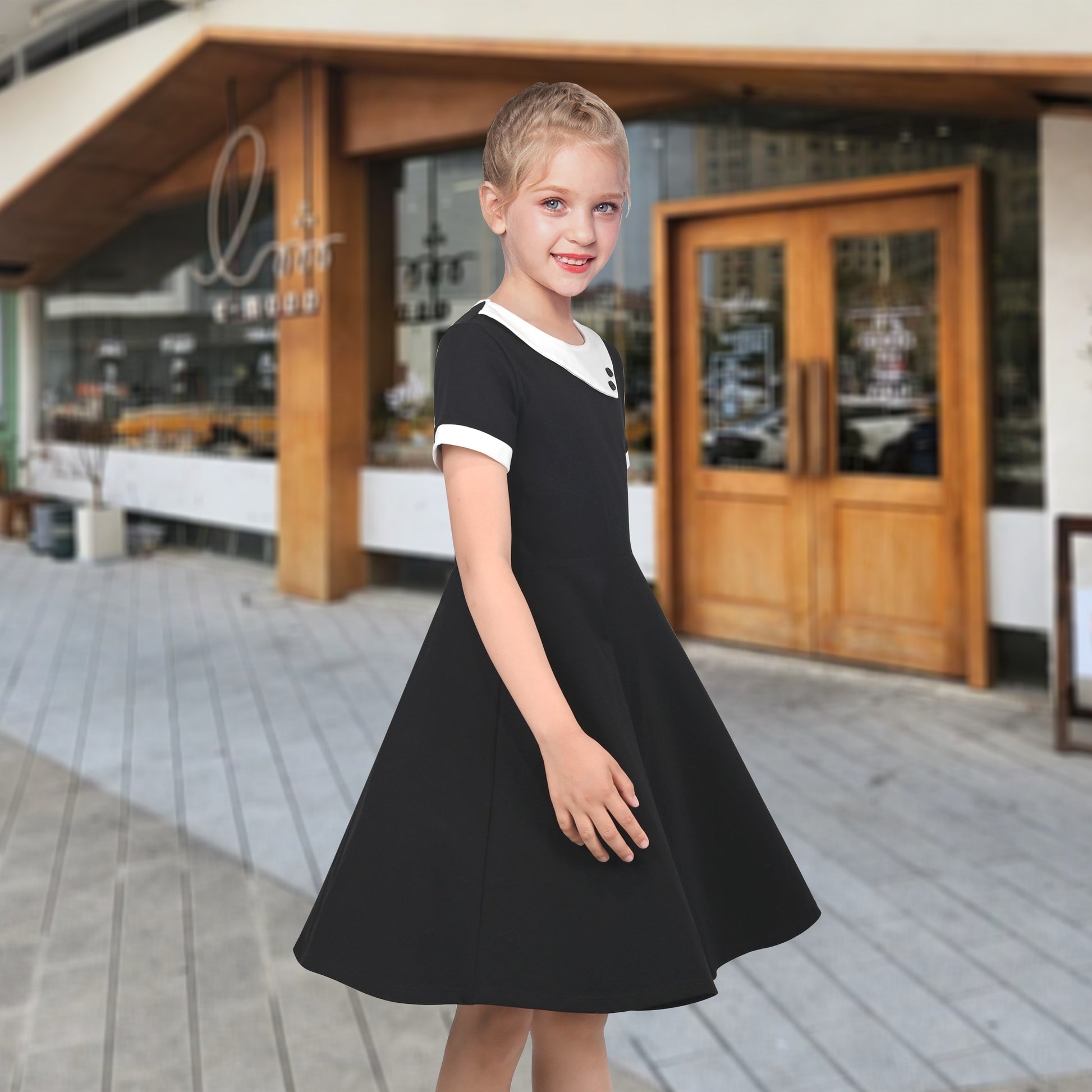 Girls Dress Tan Beige Asymmetric Collar Knit Preppy School Family Short Sleeve Black