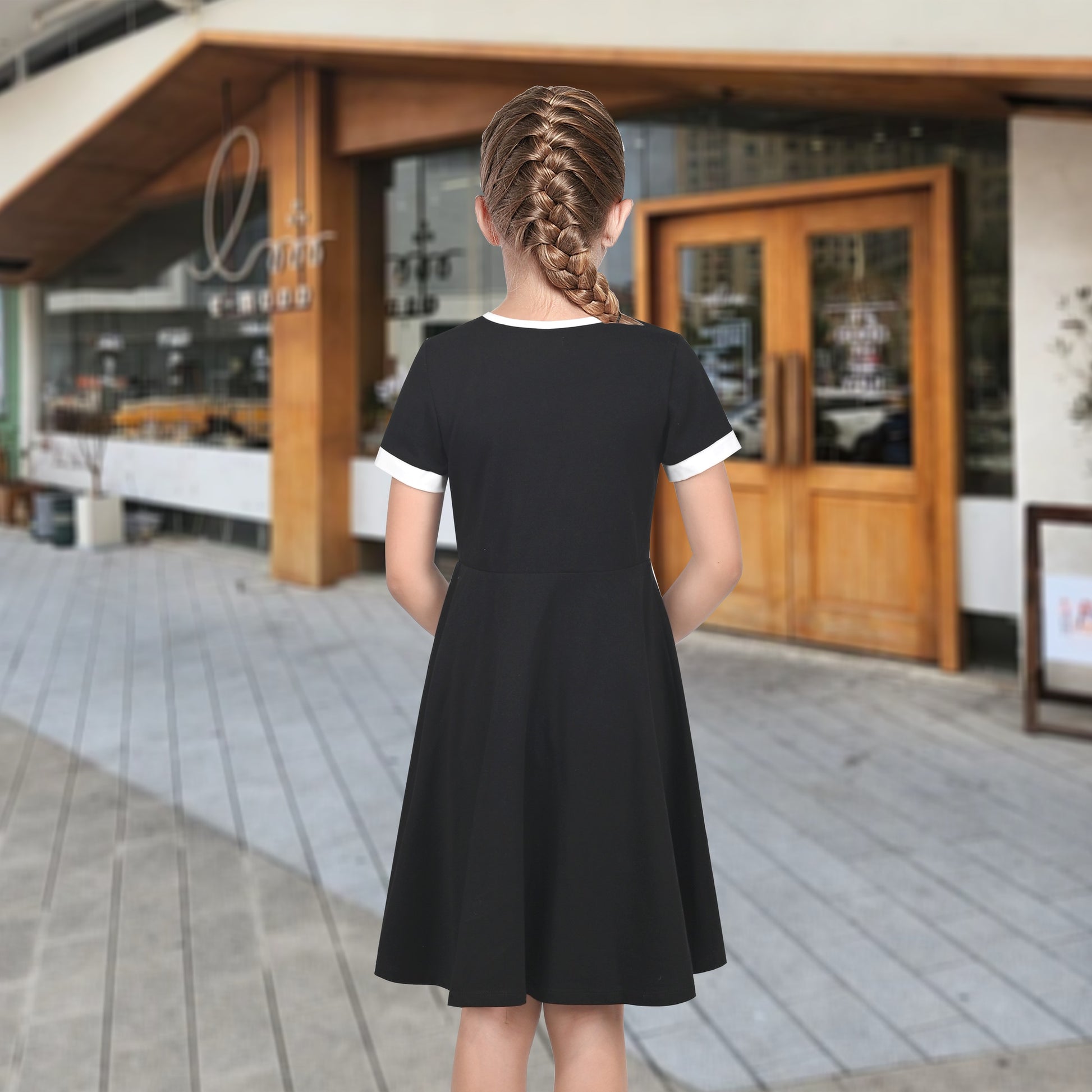 Girls Dress Tan Beige Asymmetric Collar Knit Preppy School Family Short Sleeve Black