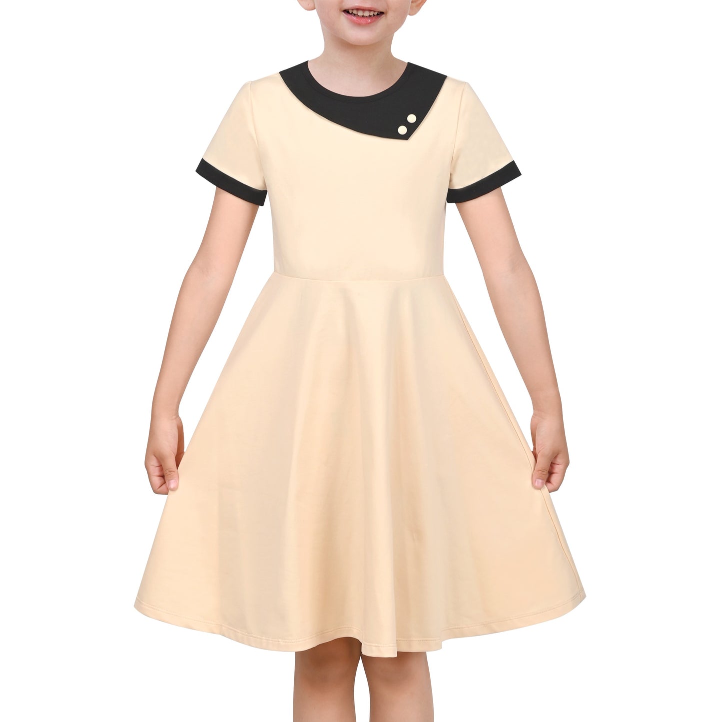 Girls Dress Tan Beige Asymmetric Collar Knit Preppy School Family Short Sleeve Yellow