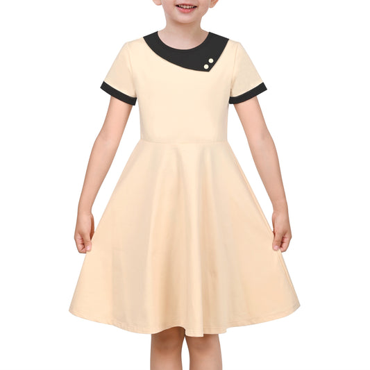 Girls Dress Tan Beige Asymmetric Collar Knit Preppy School Family Short Sleeve Yellow