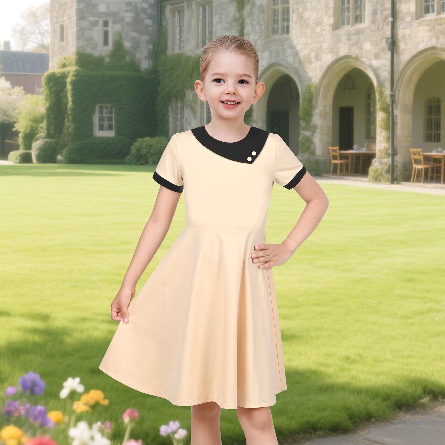 Girls Dress Tan Beige Asymmetric Collar Knit Preppy School Family Short Sleeve Yellow