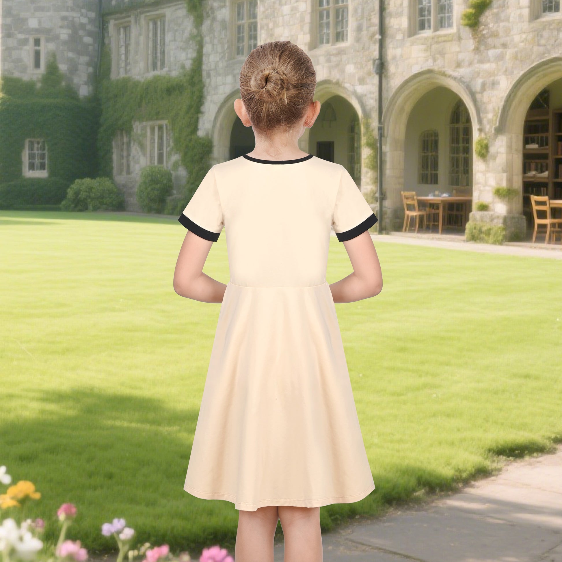 Girls Dress Tan Beige Asymmetric Collar Knit Preppy School Family Short Sleeve Yellow