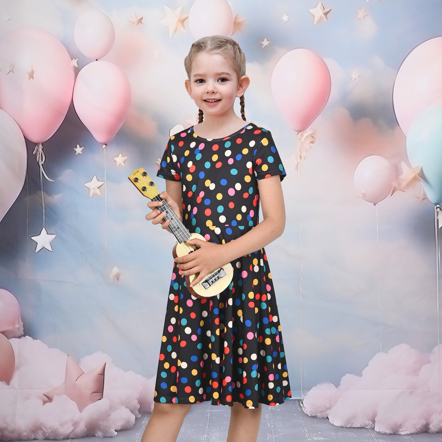 Girls Dress Blue Unicorn Short Sleeve Casual Dress Multi-Color