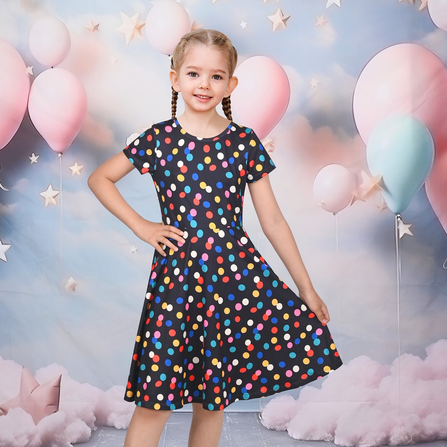 Girls Dress Blue Unicorn Short Sleeve Casual Dress Multi-Color