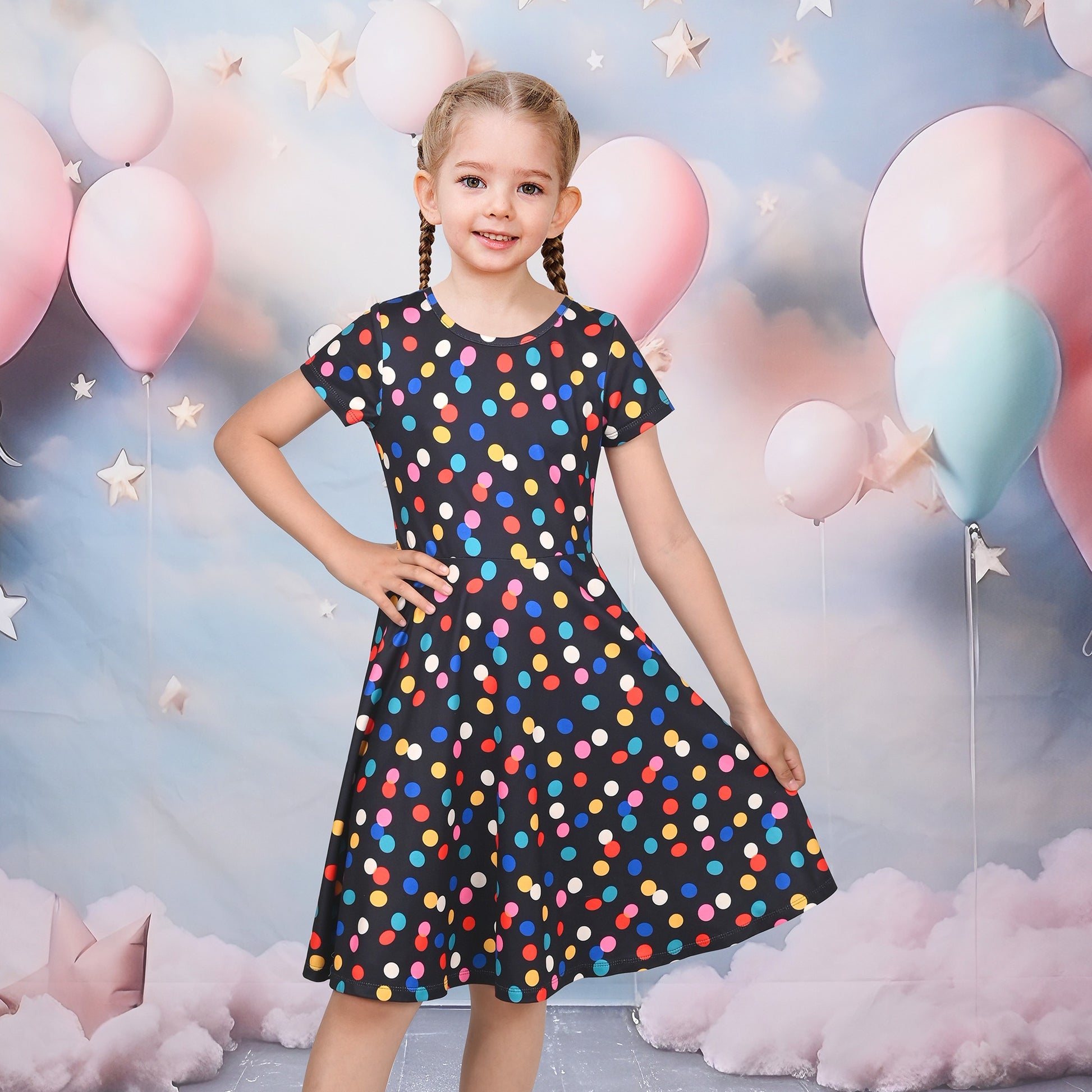 Girls Dress Blue Unicorn Short Sleeve Casual Dress Multi-Color