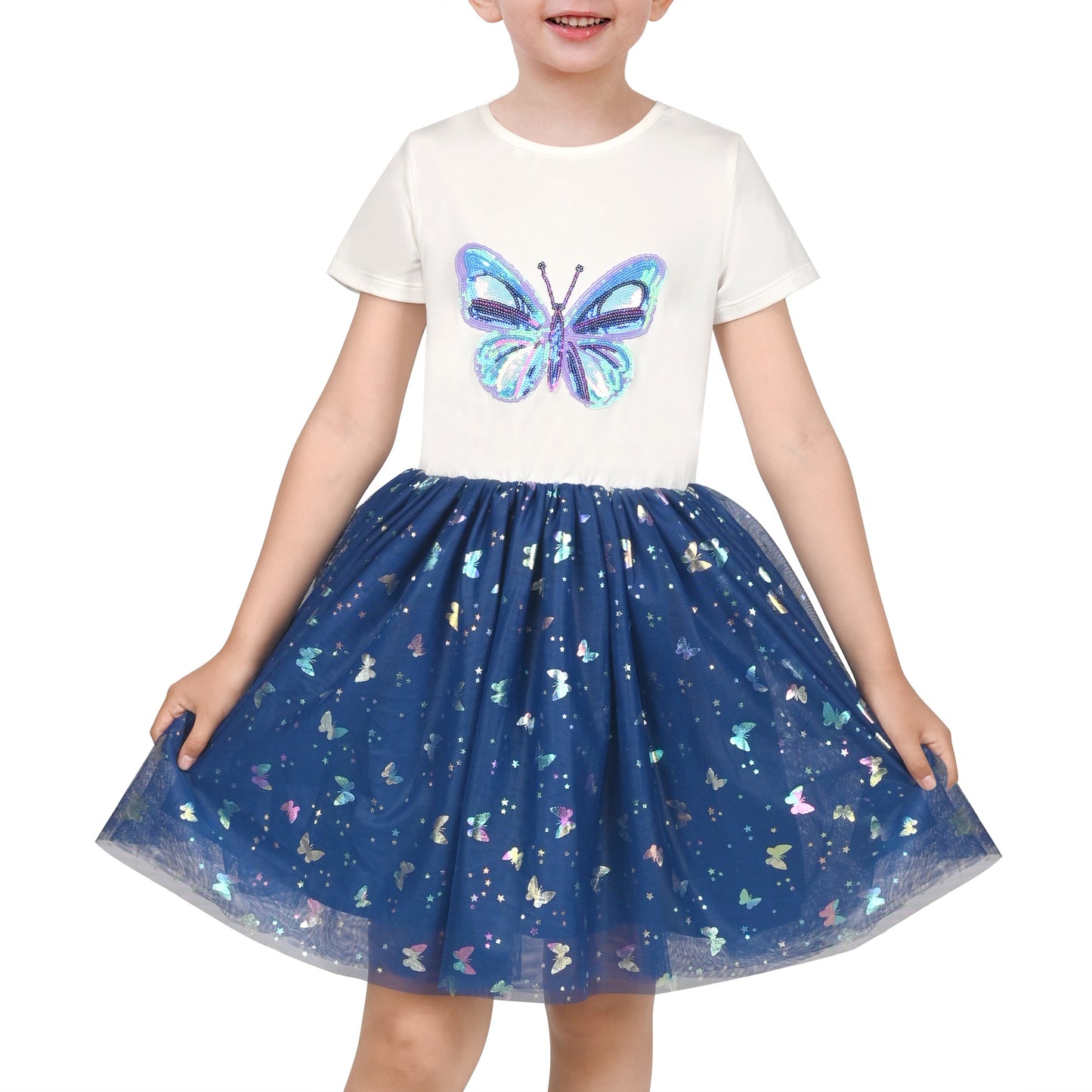 Girls Dress Dancing Girl Print Tutu Short Sleeve Sundress Blue