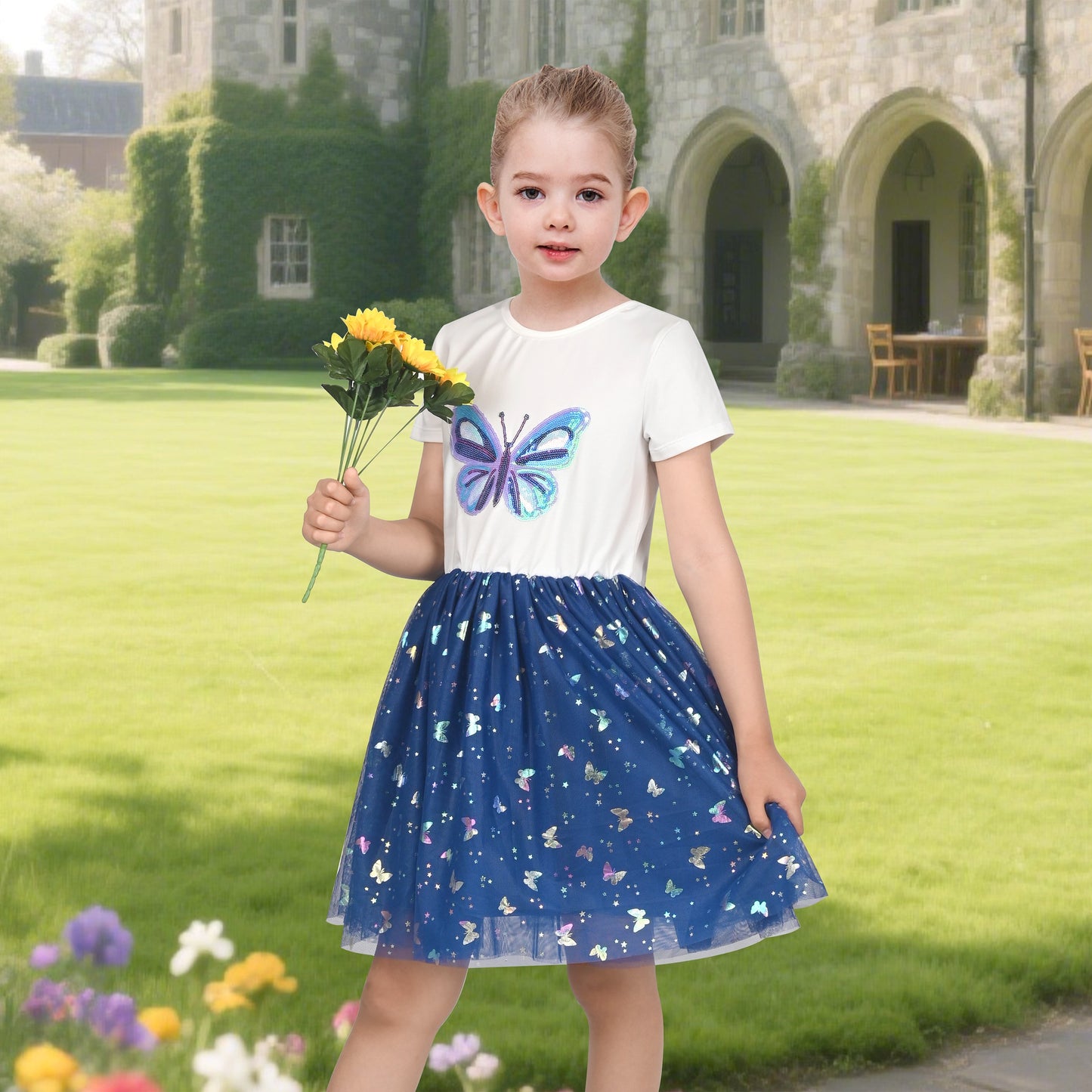 Girls Dress Dancing Girl Print Tutu Short Sleeve Sundress Blue