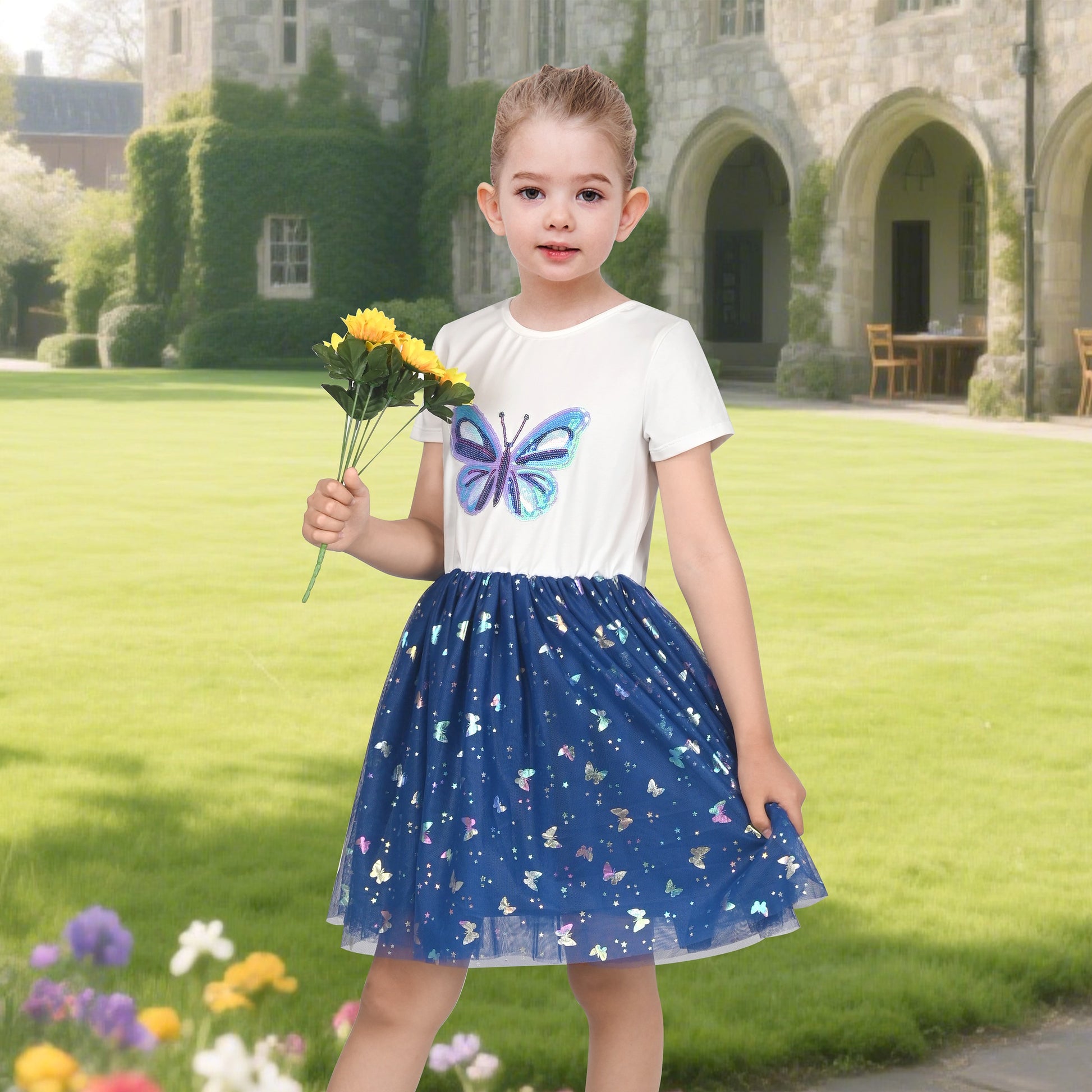 Girls Dress Dancing Girl Print Tutu Short Sleeve Sundress Blue