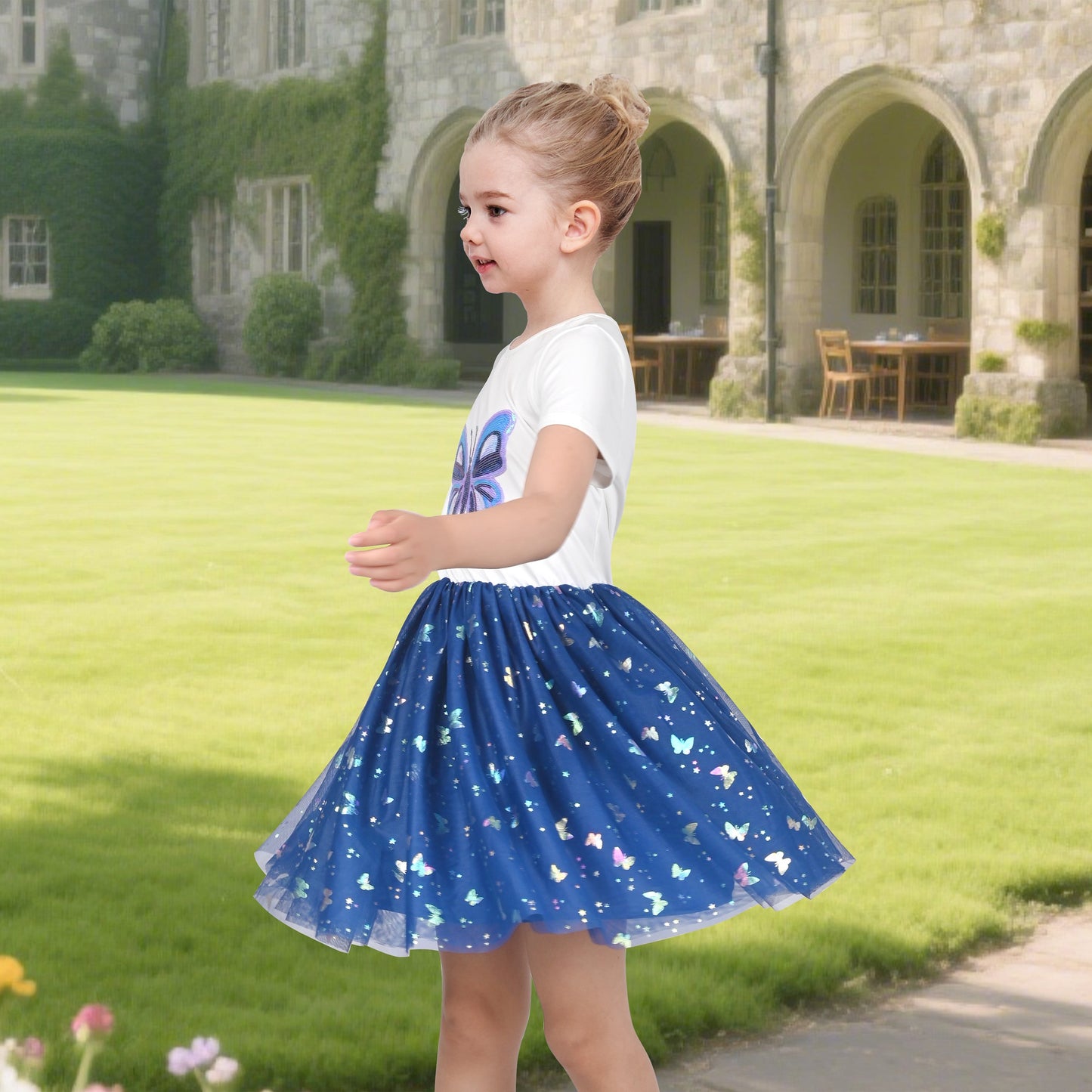 Girls Dress Dancing Girl Print Tutu Short Sleeve Sundress Blue