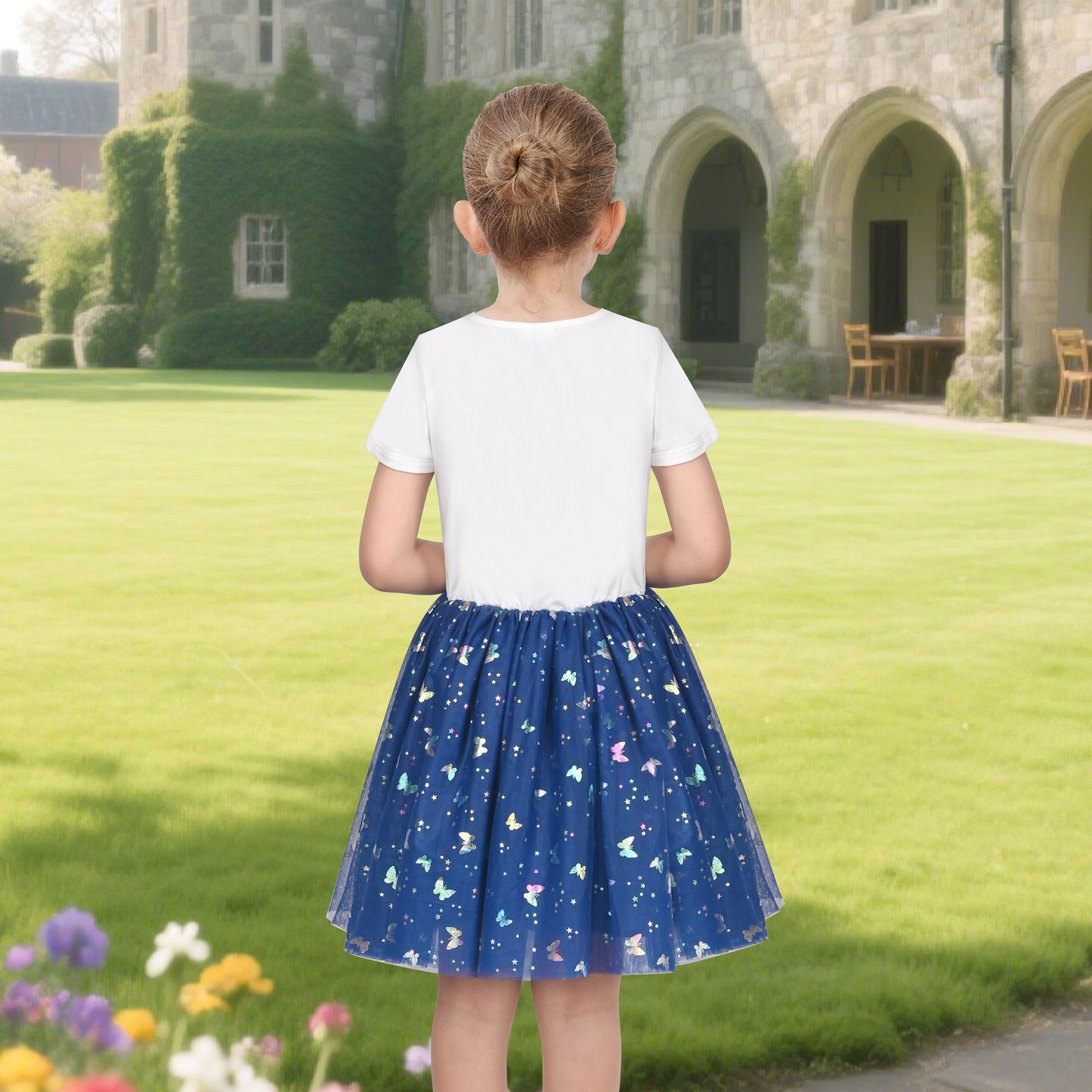 Girls Dress Dancing Girl Print Tutu Short Sleeve Sundress Blue