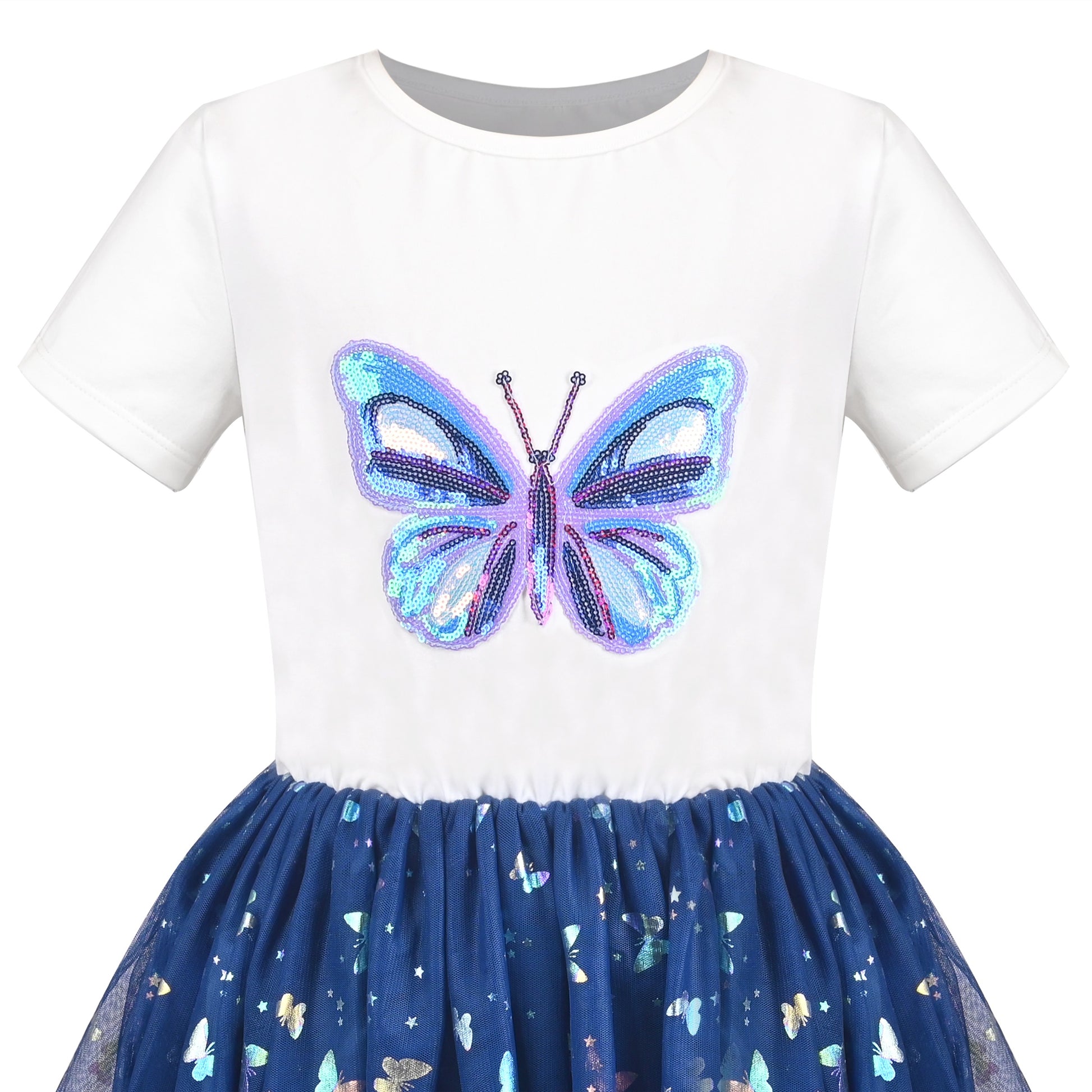 Girls Dress Dancing Girl Print Tutu Short Sleeve Sundress Blue
