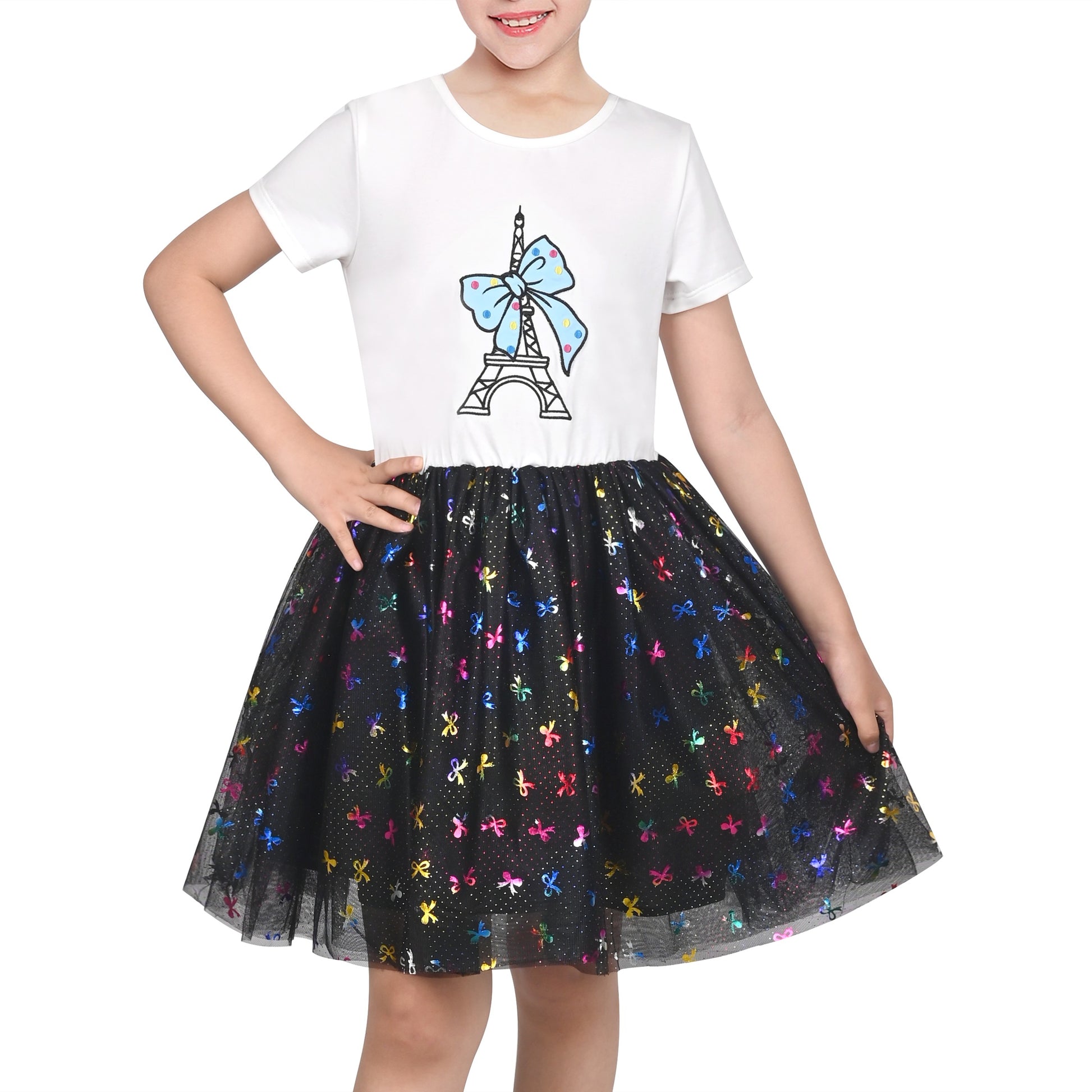 Girls Dress Dancing Girl Print Tutu Short Sleeve Sundress Black
