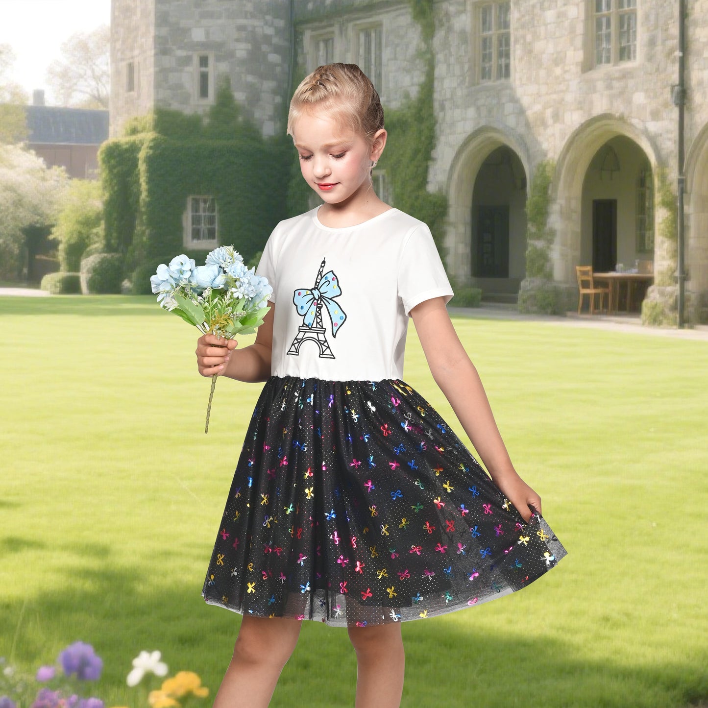 Girls Dress Dancing Girl Print Tutu Short Sleeve Sundress Black