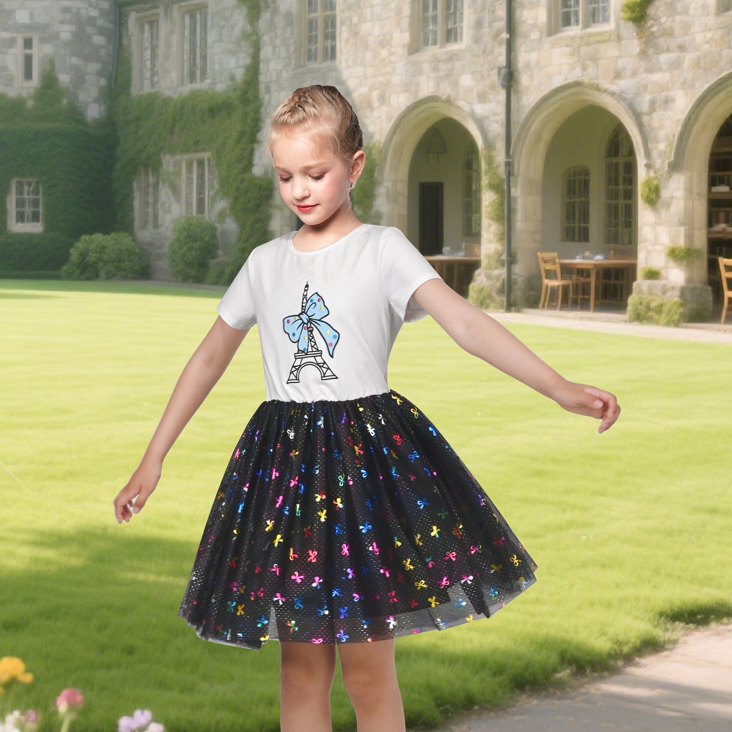 Girls Dress Dancing Girl Print Tutu Short Sleeve Sundress Black