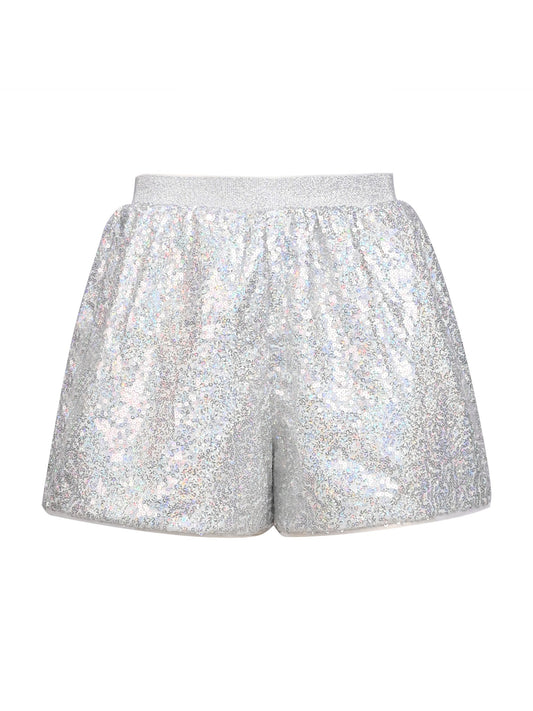 Girl Shorts Silver Sparkle Sequin Mid Waist Elastic Show Dance Party Silver