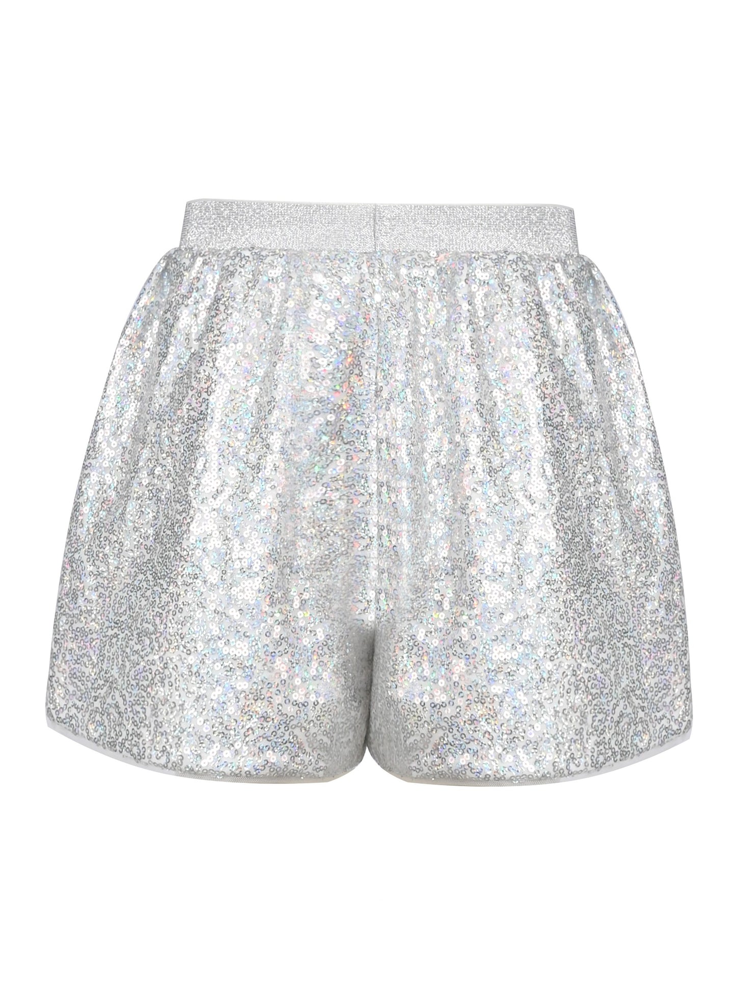 Girl Shorts Silver Sparkle Sequin Mid Waist Elastic Show Dance Party Silver