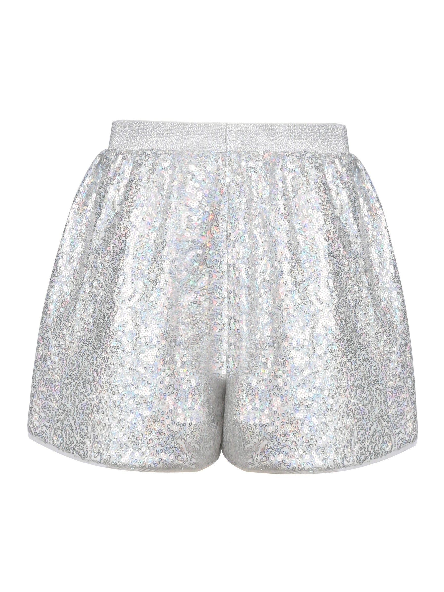 Girl Shorts Silver Sparkle Sequin Mid Waist Elastic Show Dance Party Silver