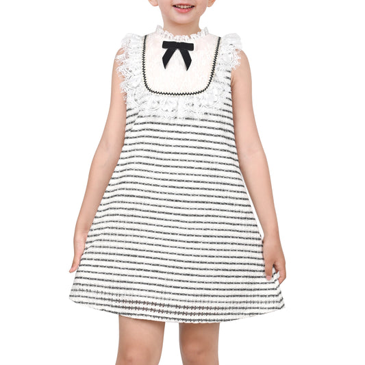 Girls Dress Striped Crochet Tweed Lace Trim Bow Sleeveless Summer Holiday Casual White