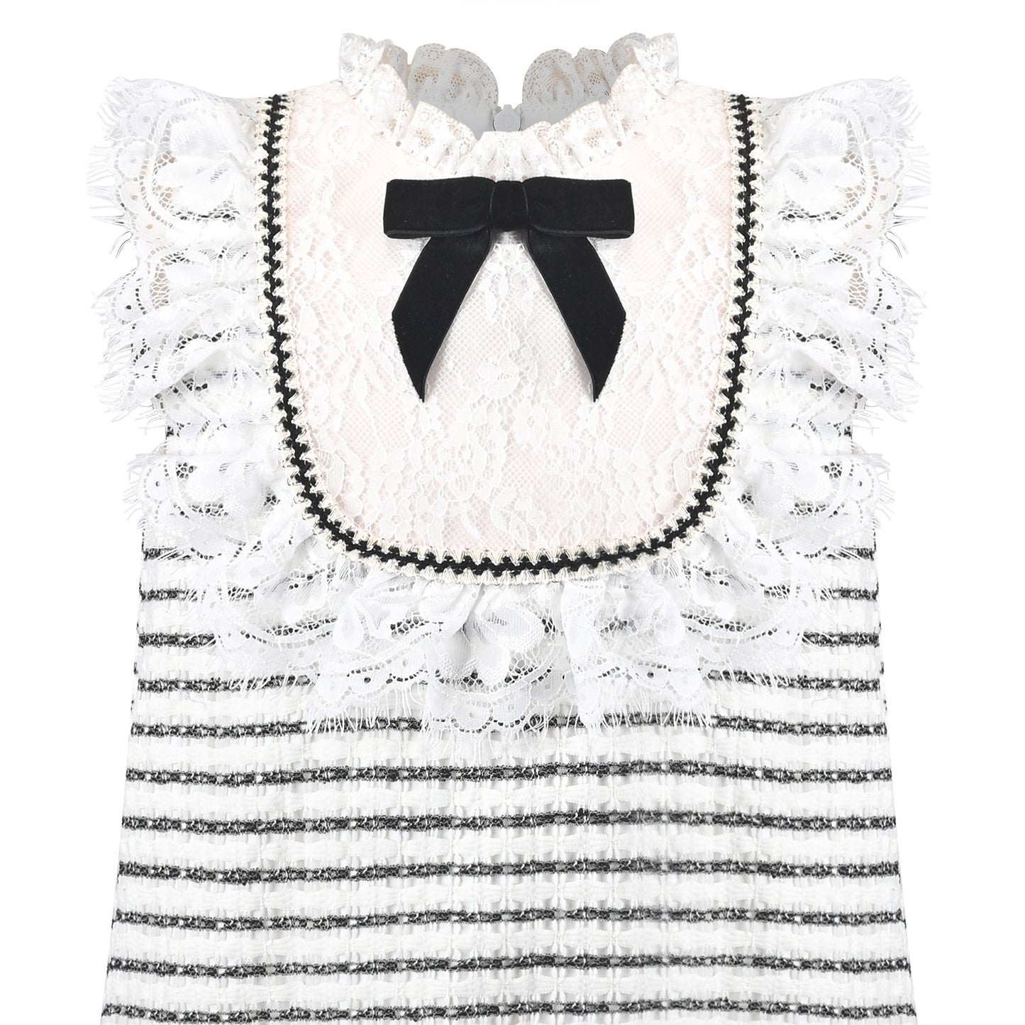 Girls Dress Striped Crochet Tweed Lace Trim Bow Sleeveless Summer Holiday Casual White